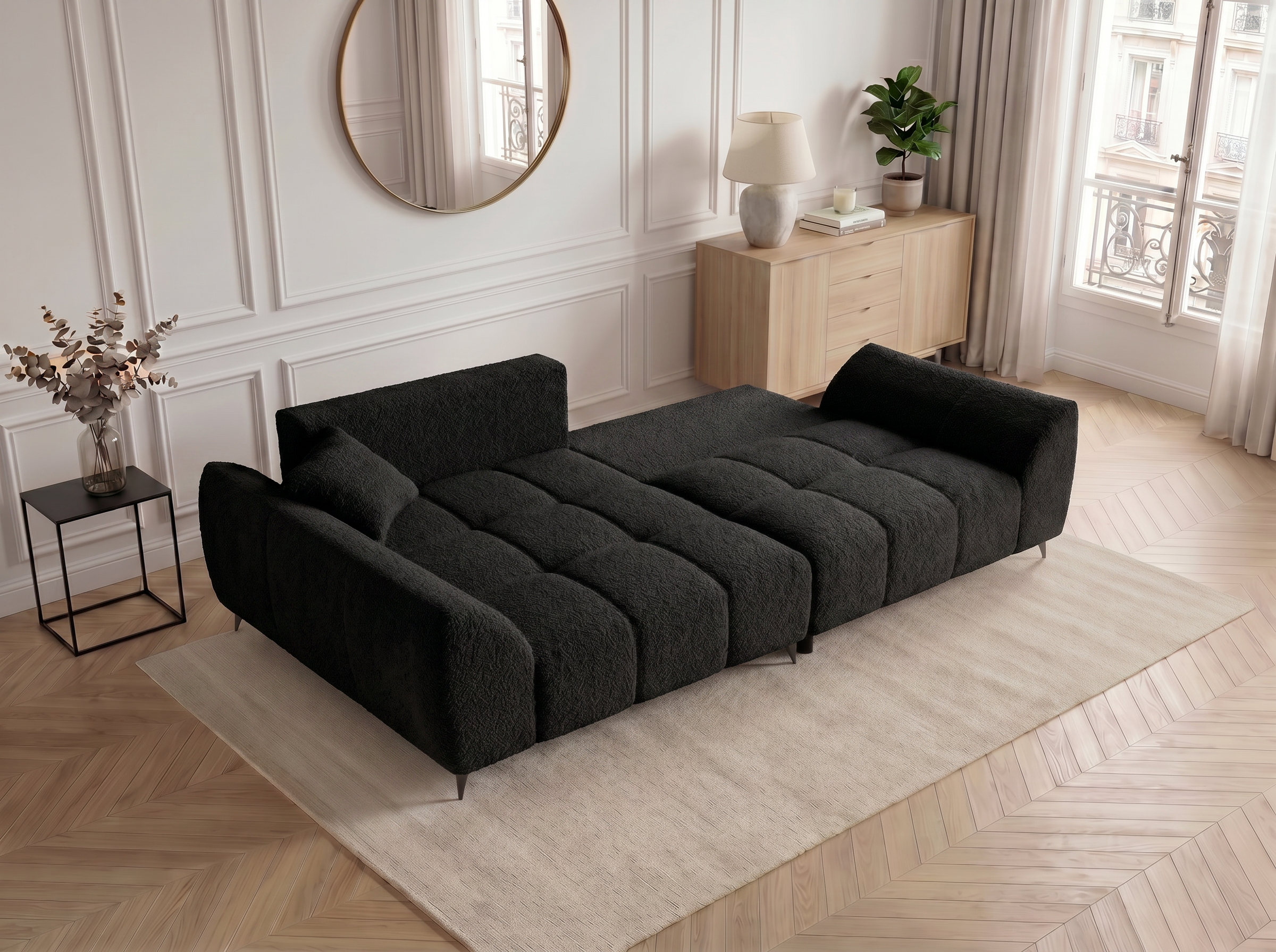 Canapé d'angle convertible BATIGNOLLES bouclé noir avec coffre de rangement - vue 2