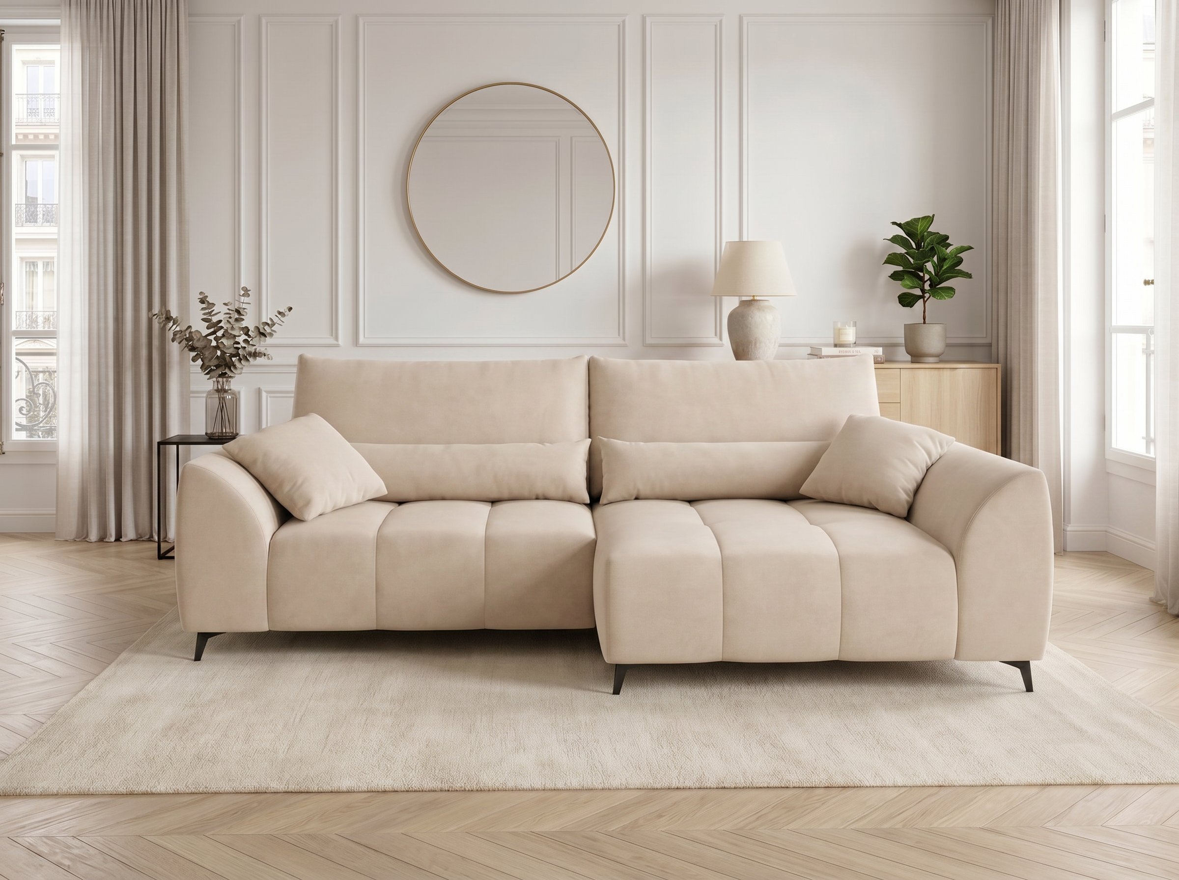 Canapé d'angle convertible BATIGNOLLES velours beige avec coffre de rangement - vue 7
