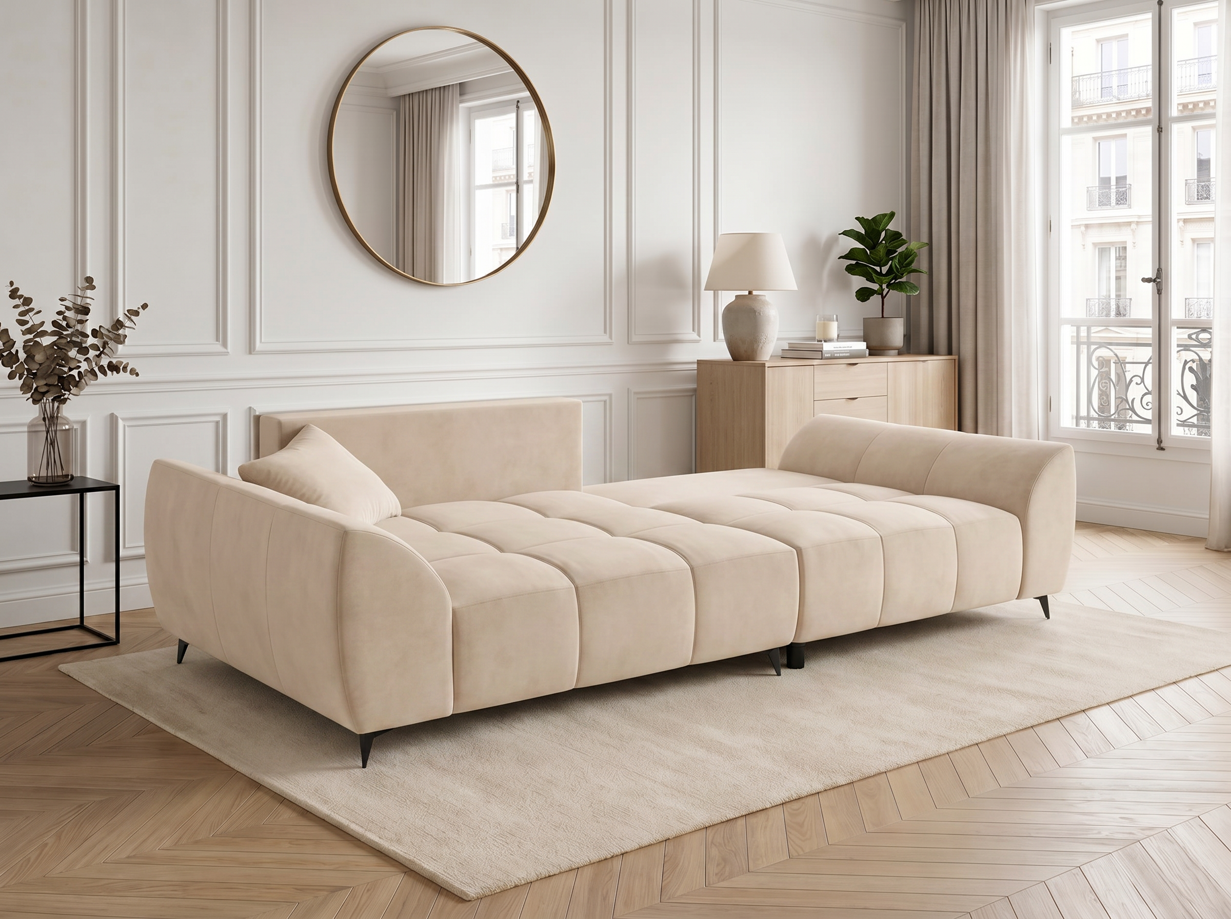 Canapé d'angle convertible BATIGNOLLES velours beige avec coffre de rangement - vue 8