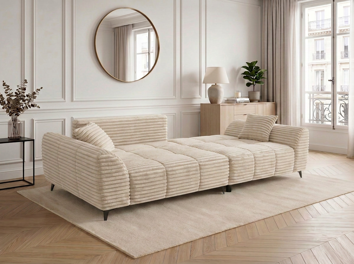 Canapé d'angle convertible BATIGNOLLES velours côtelé beige avec coffre de rangement - vue 11