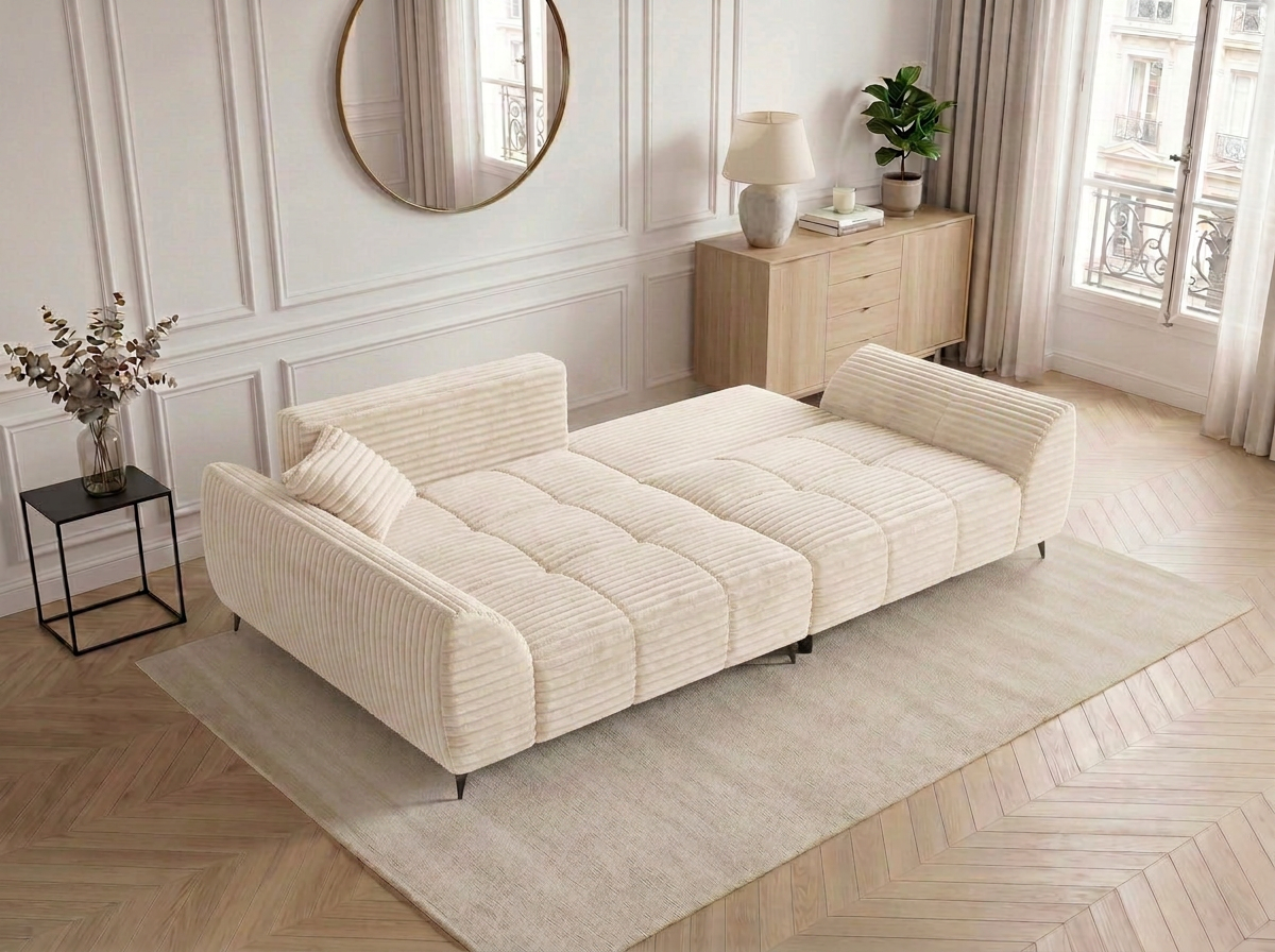 Canapé d'angle convertible BATIGNOLLES velours côtelé beige avec coffre de rangement - vue 2