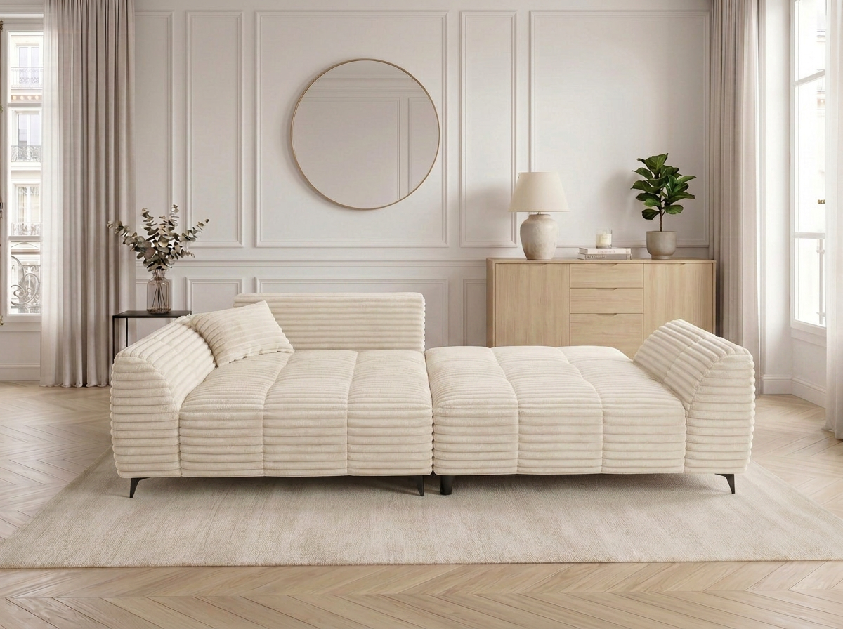 Canapé d'angle convertible BATIGNOLLES velours côtelé beige avec coffre de rangement - vue 4
