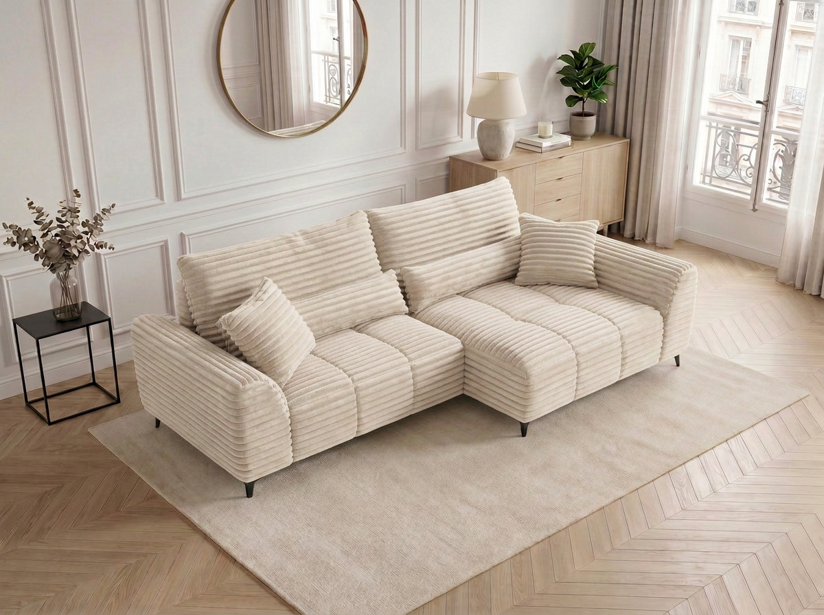 Canapé d'angle convertible BATIGNOLLES velours côtelé beige avec coffre de rangement - vue 9