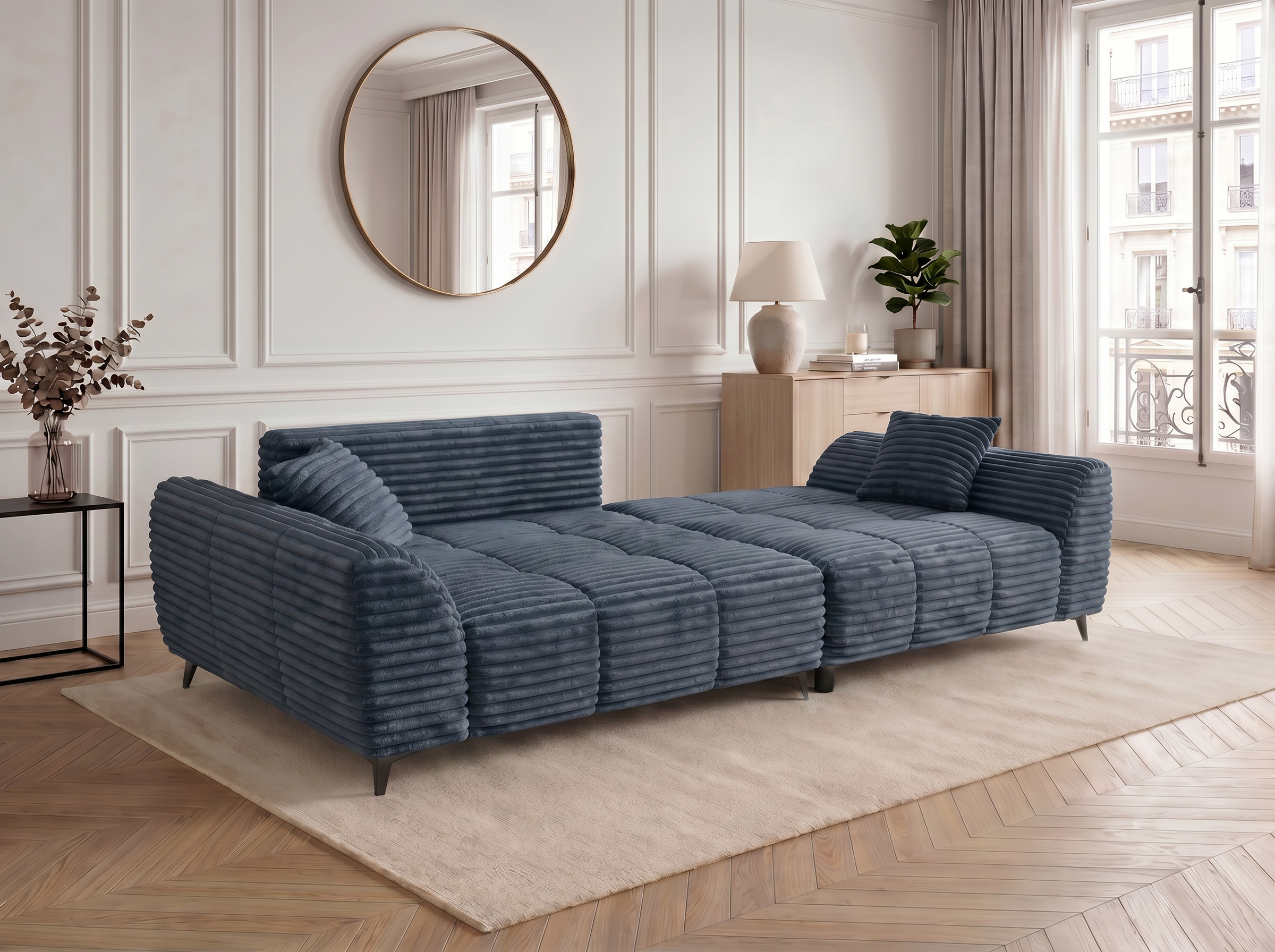 Canapé d'angle convertible BATIGNOLLES velours côtelé bleu avec coffre de rangement - vue 5