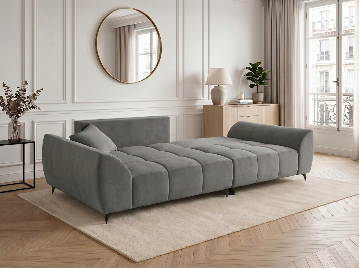 Canapé d'angle convertible BATIGNOLLES velours côtelé gris foncé avec coffre de rangement - vue 2