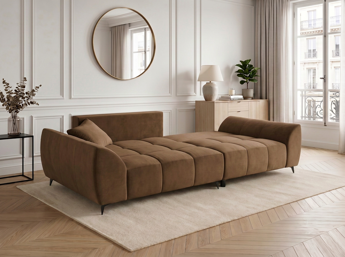Canapé d'angle convertible BATIGNOLLES velours côtelé marron avec coffre de rangement - vue 4