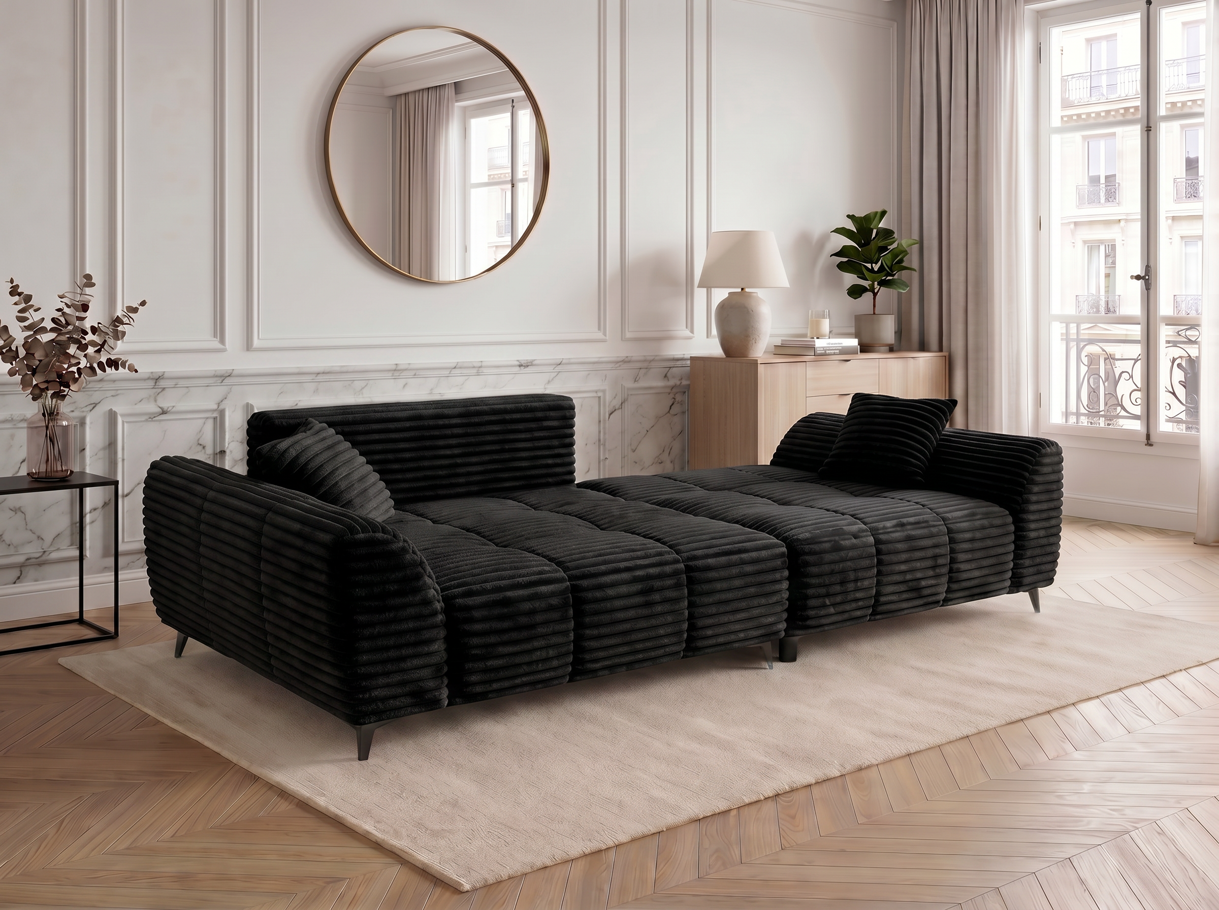 Canapé d'angle convertible BATIGNOLLES velours côtelé noir avec coffre de rangement - vue 8