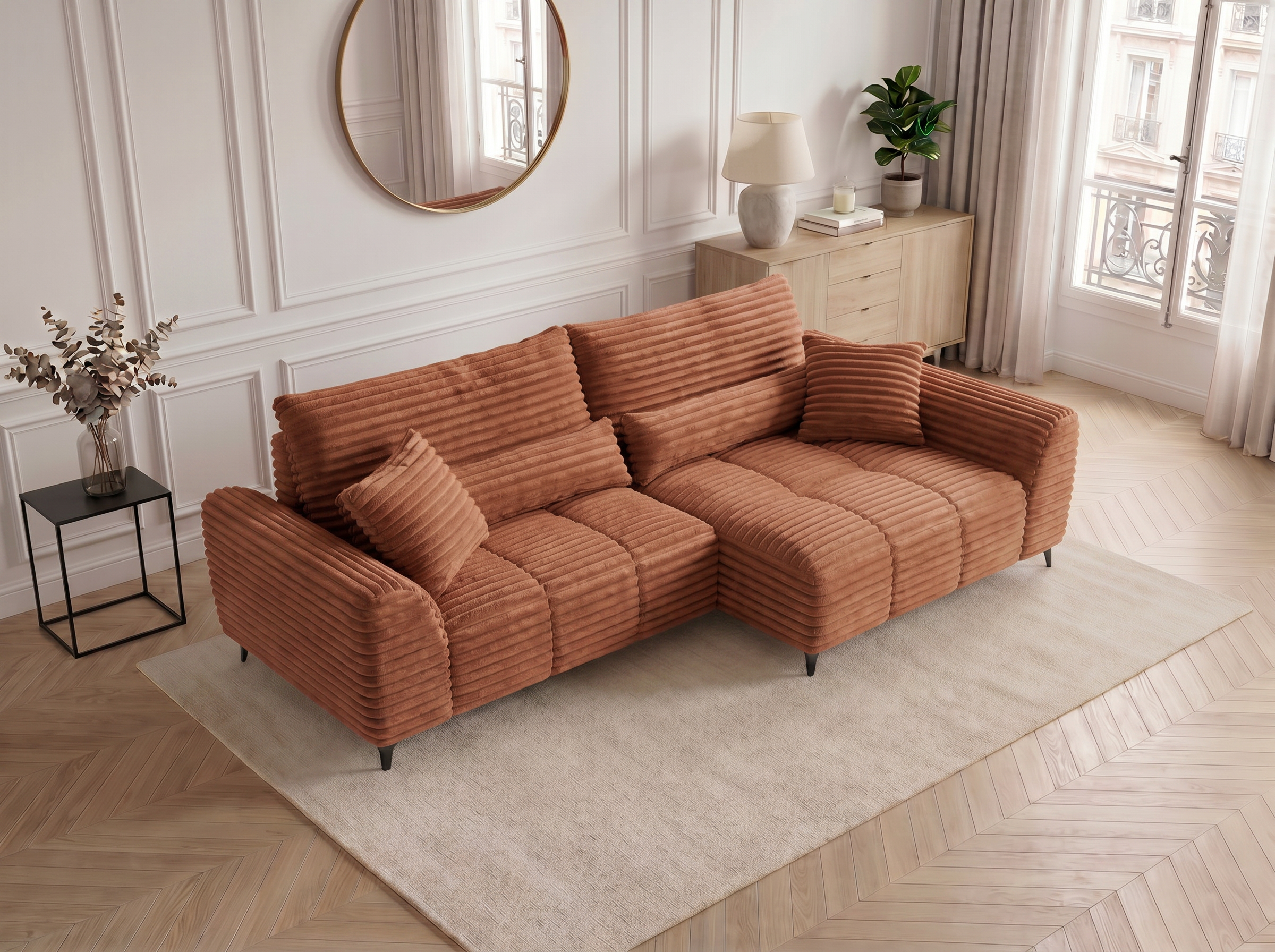 Canapé d'angle convertible BATIGNOLLES velours côtelé terracotta avec coffre de rangement - vue 10
