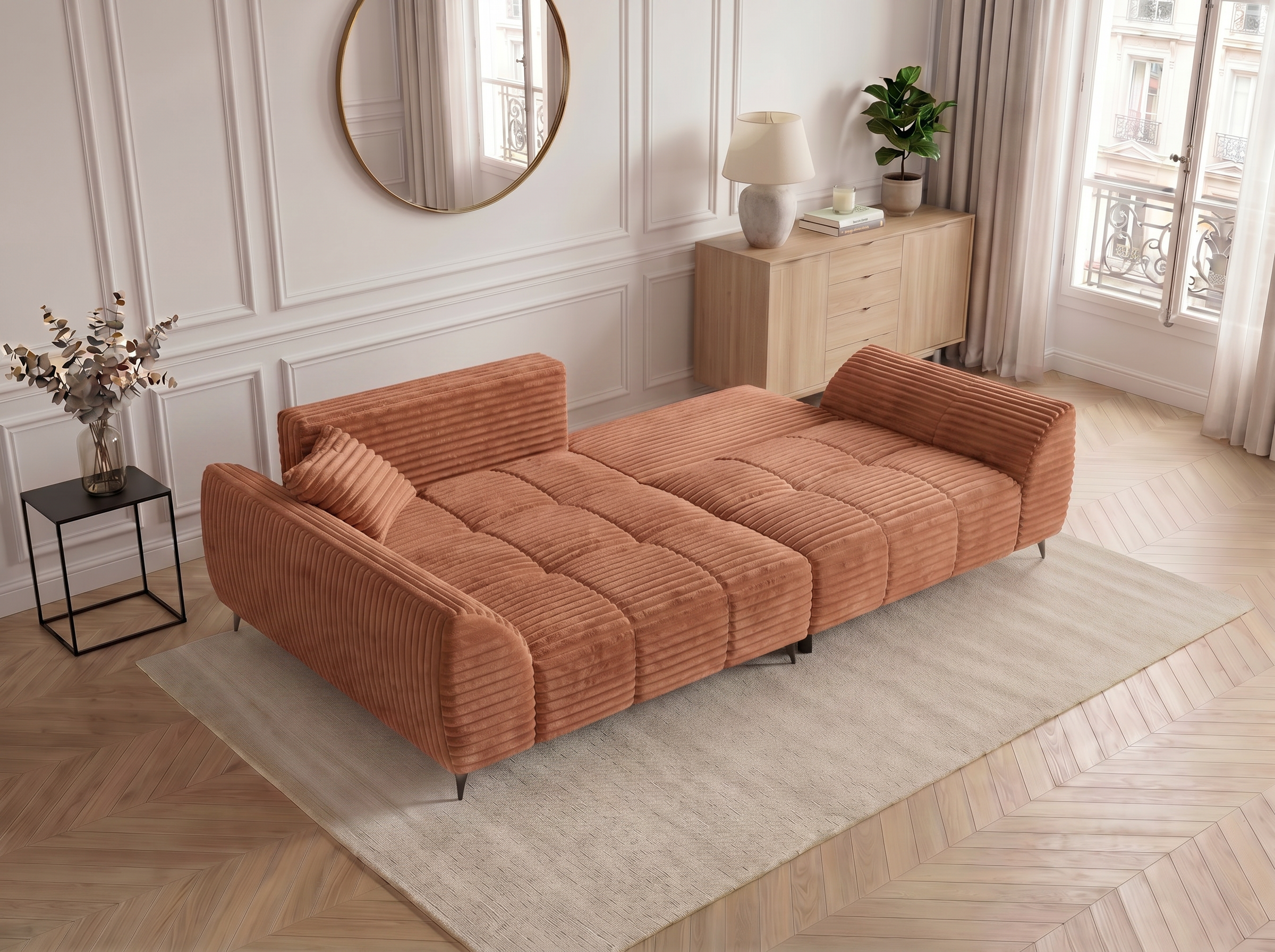 Canapé d'angle convertible BATIGNOLLES velours côtelé terracotta avec coffre de rangement - vue 2
