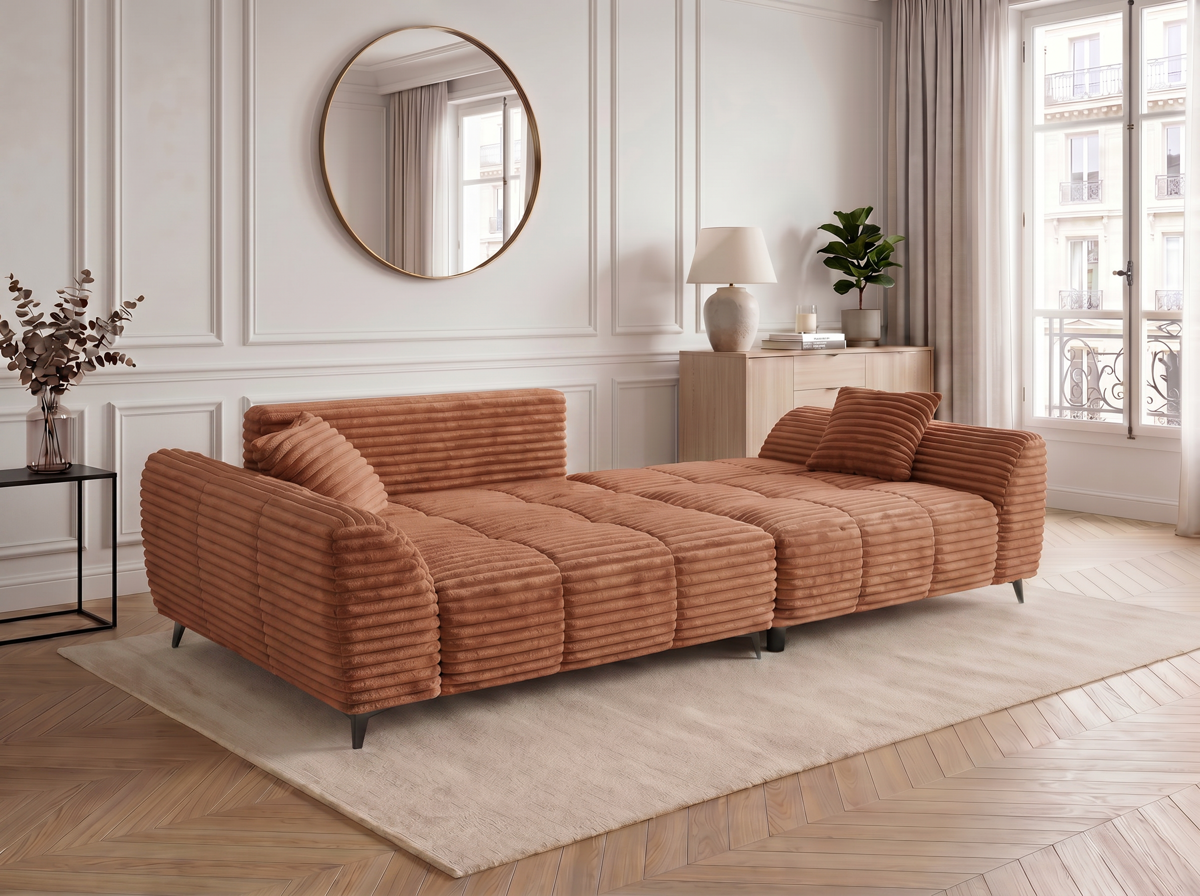 Canapé d'angle convertible BATIGNOLLES velours côtelé terracotta avec coffre de rangement - vue 3