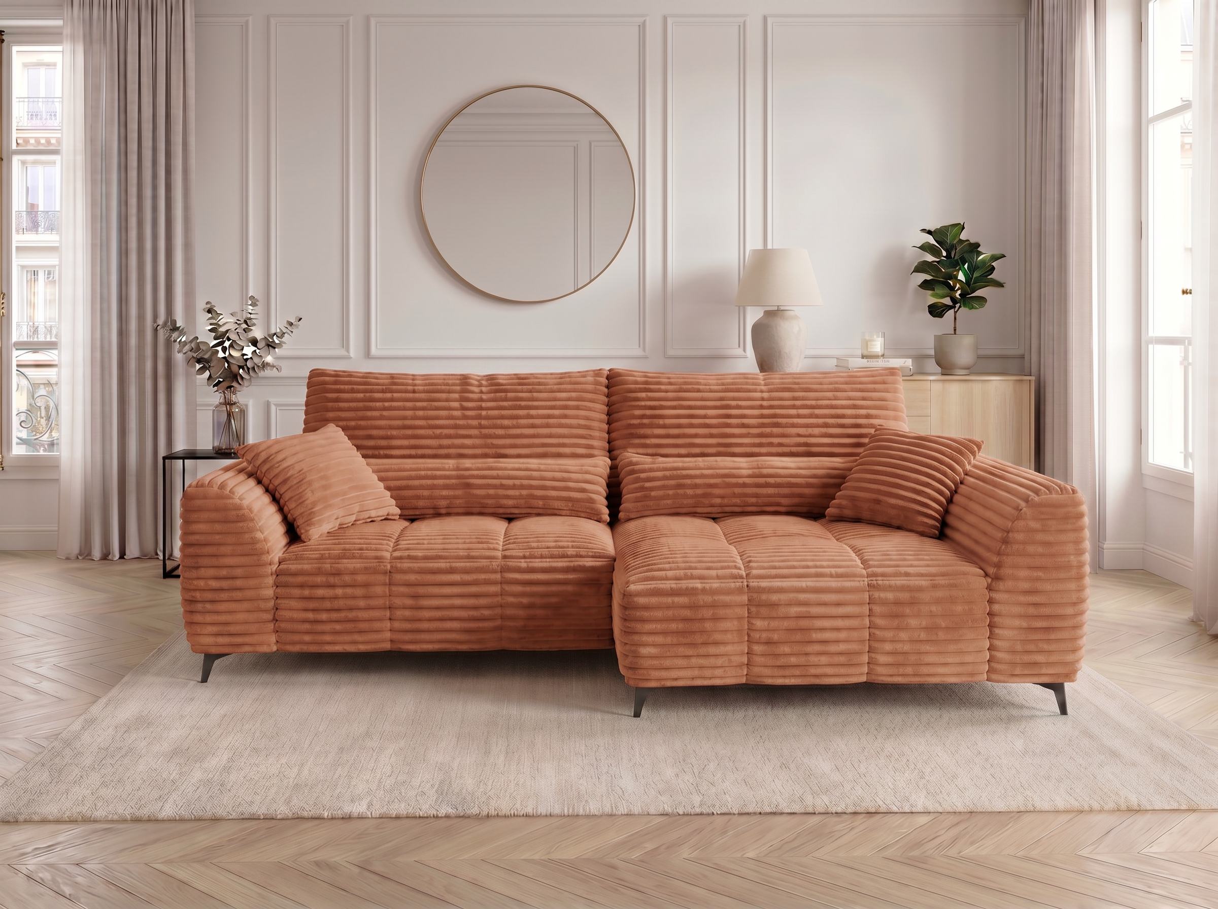Canapé d'angle convertible BATIGNOLLES velours côtelé terracotta avec coffre de rangement - vue 6
