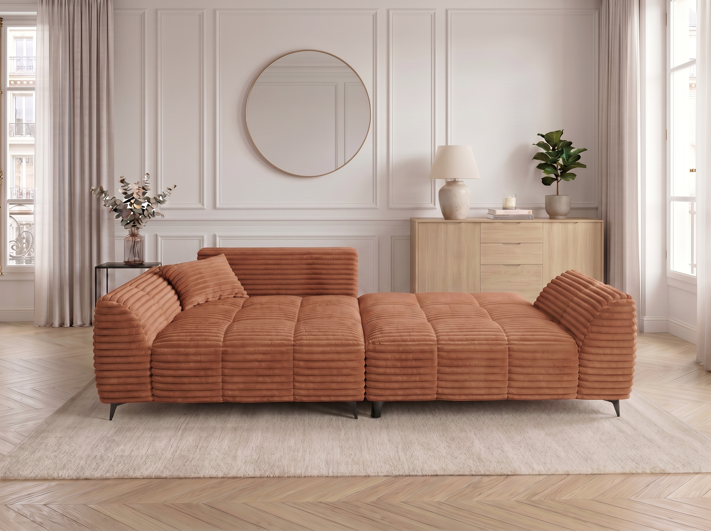 Canapé d'angle convertible BATIGNOLLES velours côtelé terracotta avec coffre de rangement - vue 9