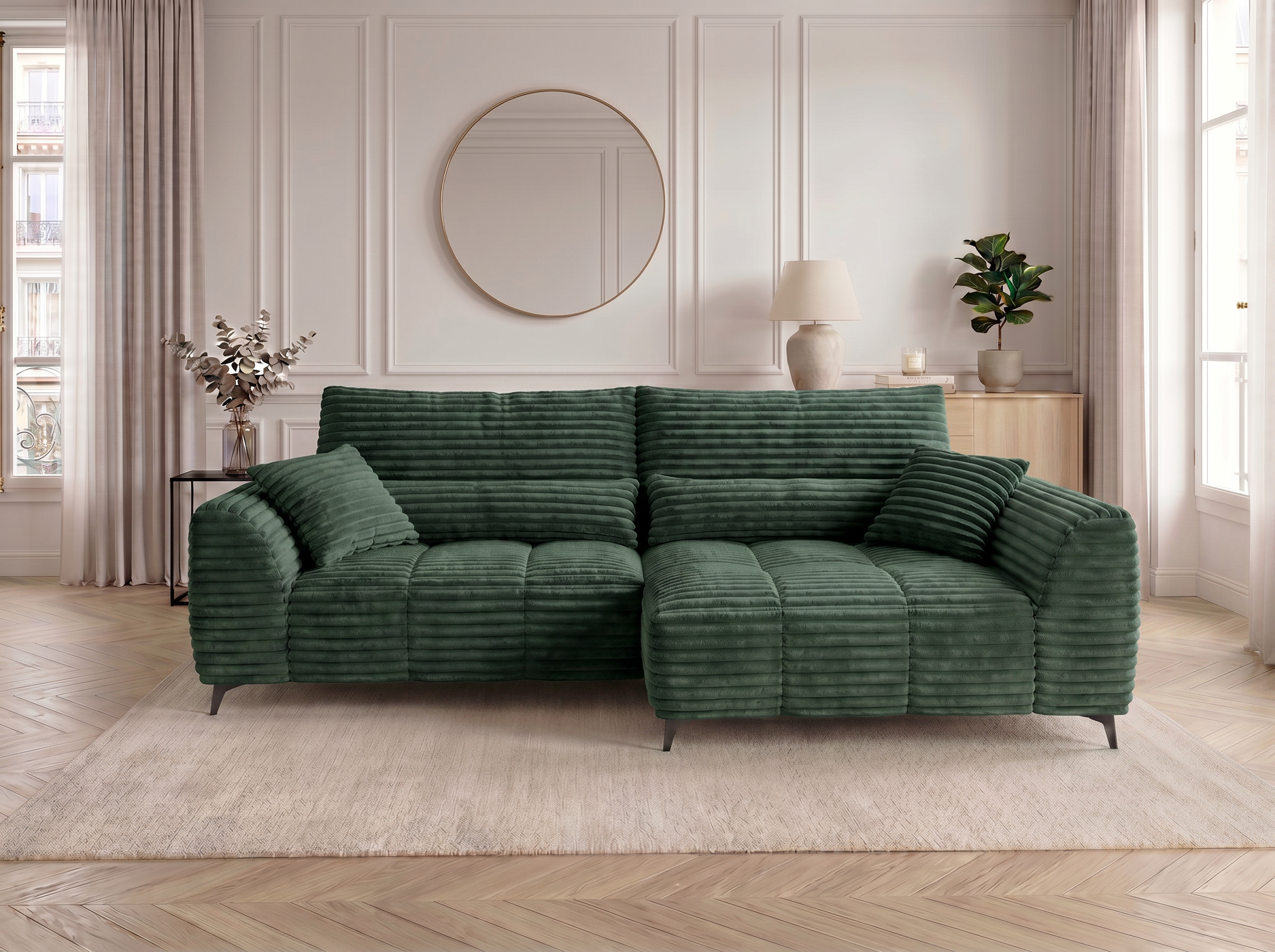 Canapé d'angle convertible BATIGNOLLES velours côtelé vert avec coffre de rangement - vue 4