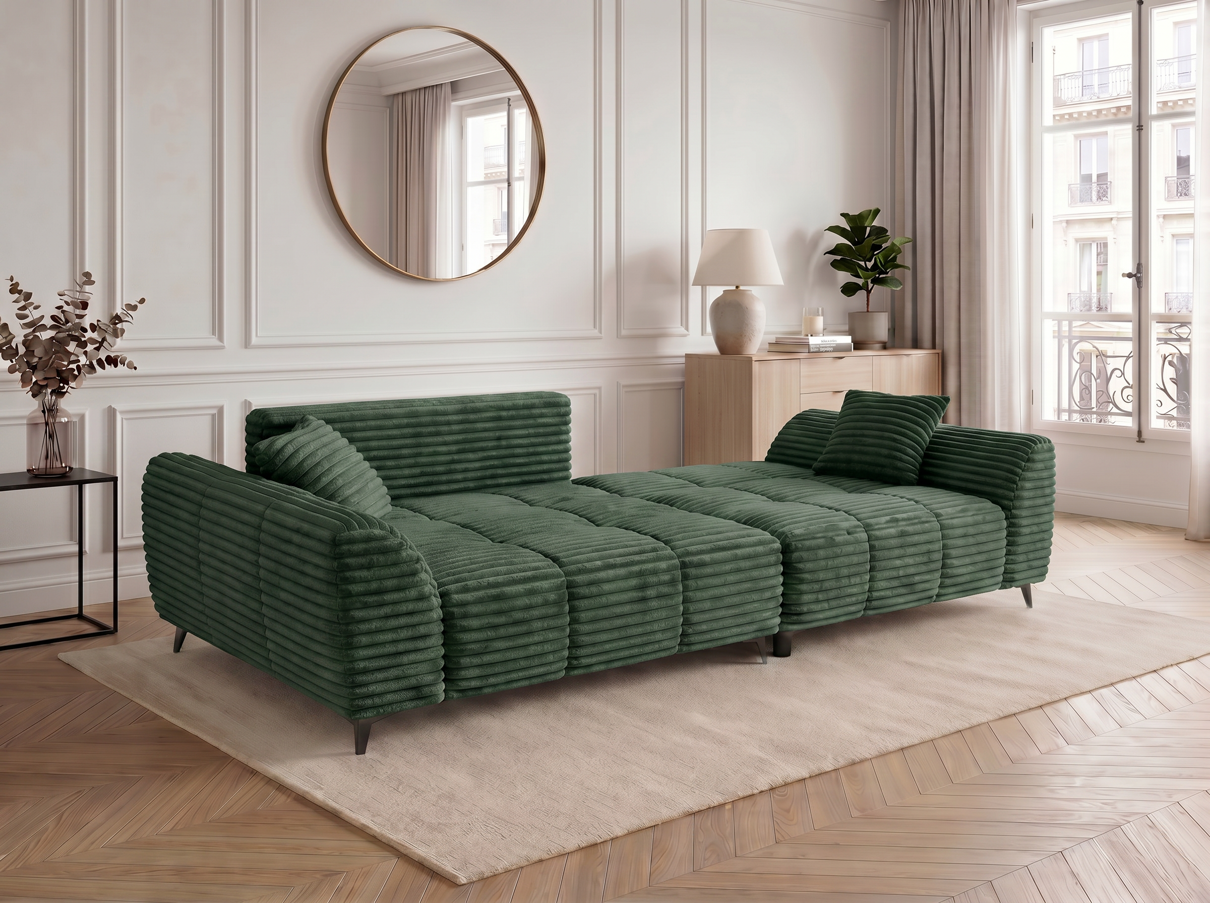 Canapé d'angle convertible BATIGNOLLES velours côtelé vert avec coffre de rangement - vue 5