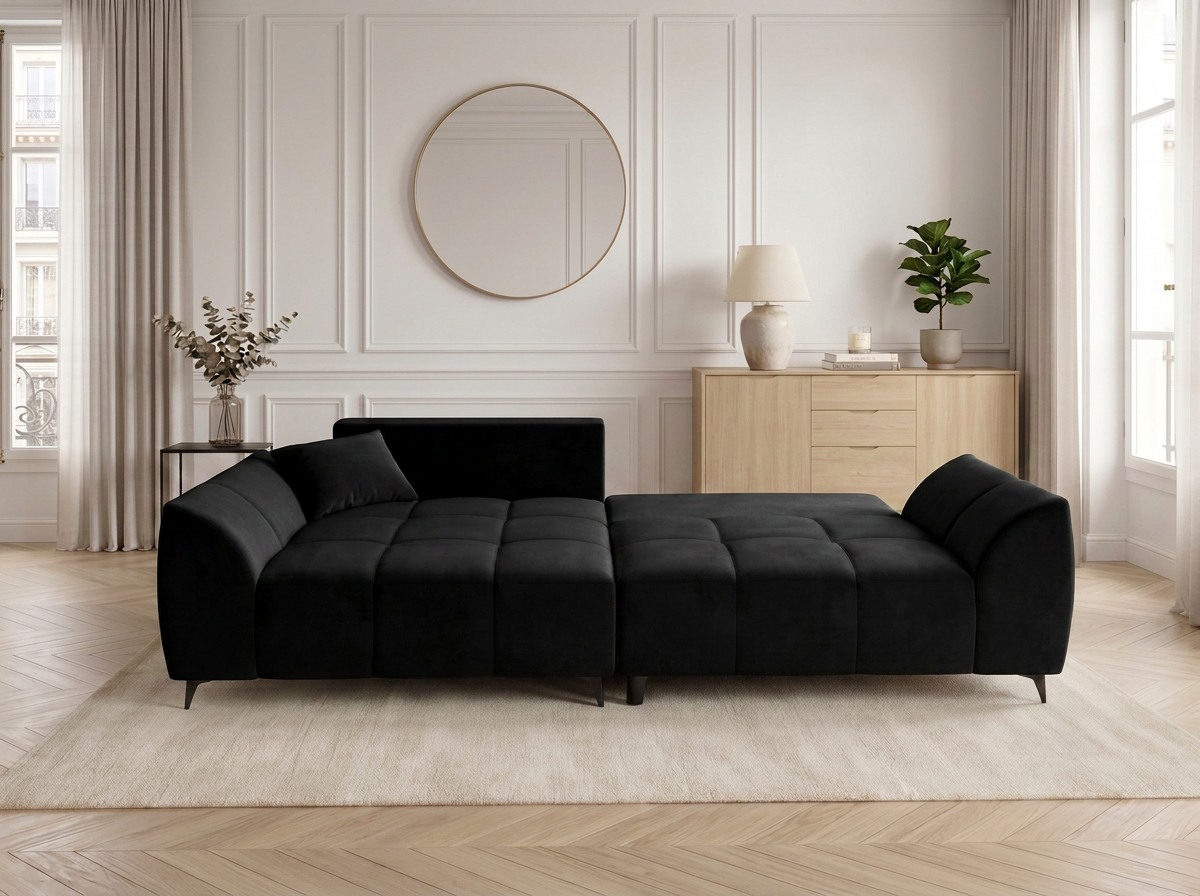 Canapé d'angle convertible BATIGNOLLES velours noir avec coffre de rangement - vue 6