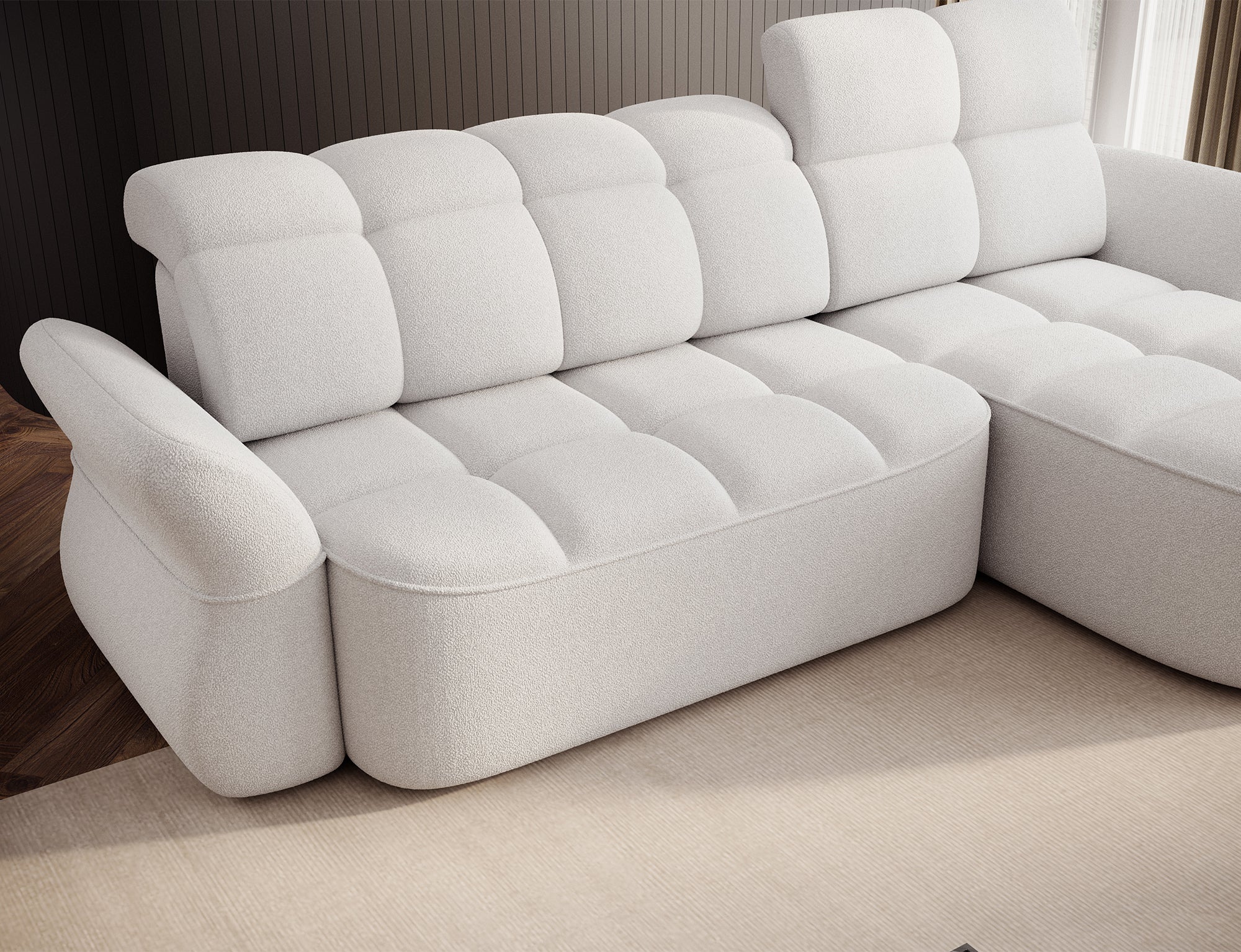 Canapé d'angle convertible électrique design DROUOT avec coffre de rangement - Boucle blanc cassé - vue 12