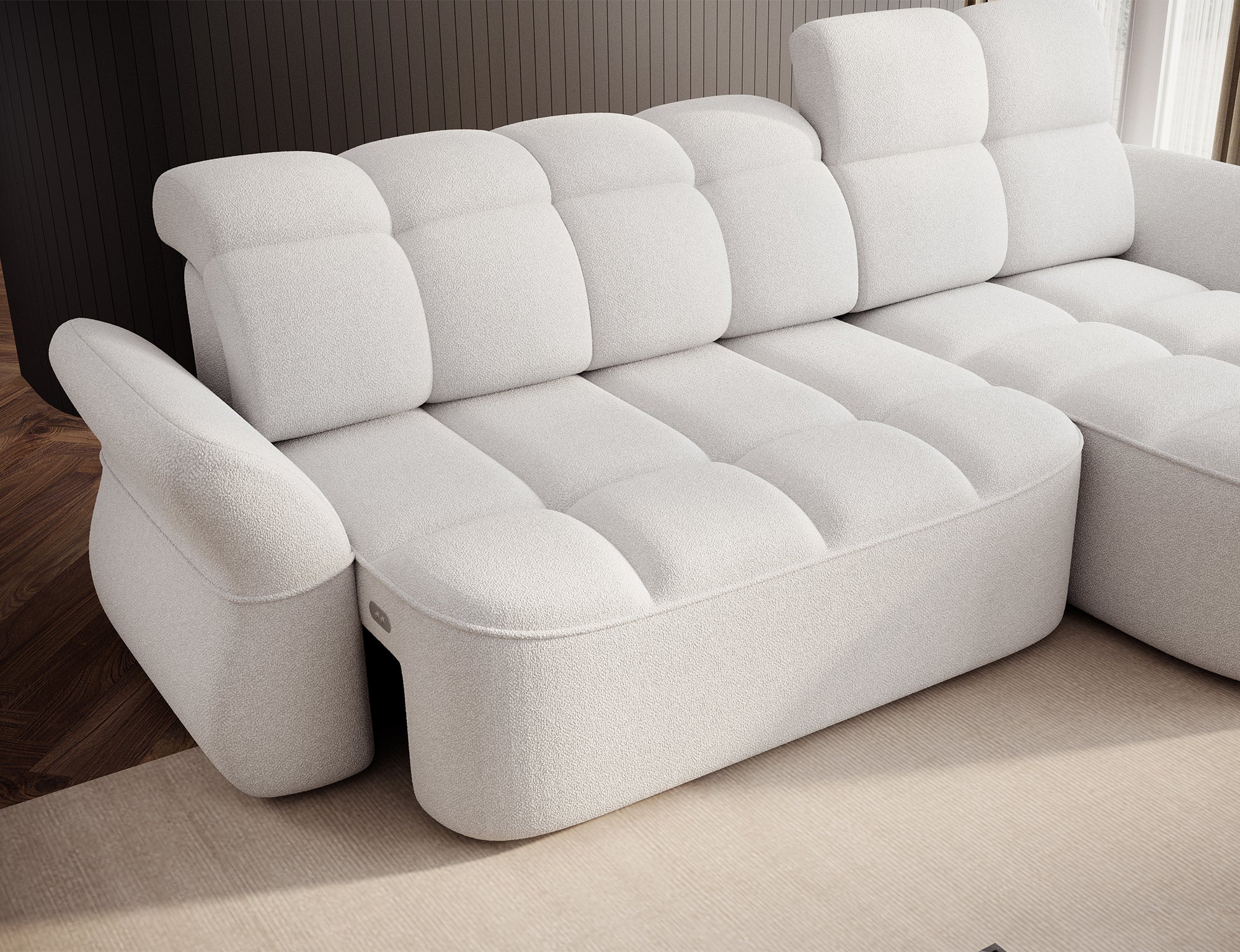 Canapé d'angle convertible électrique design DROUOT avec coffre de rangement - Boucle blanc cassé - vue 13