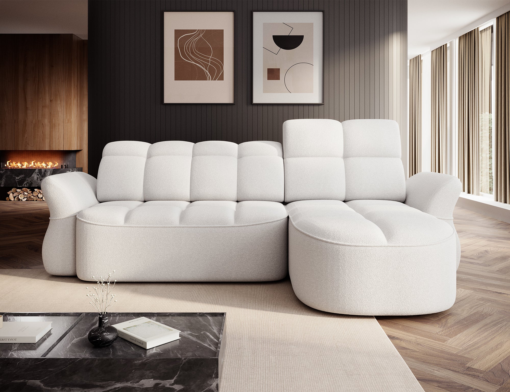 Canapé d'angle convertible électrique design DROUOT avec coffre de rangement - Boucle blanc cassé - vue 4
