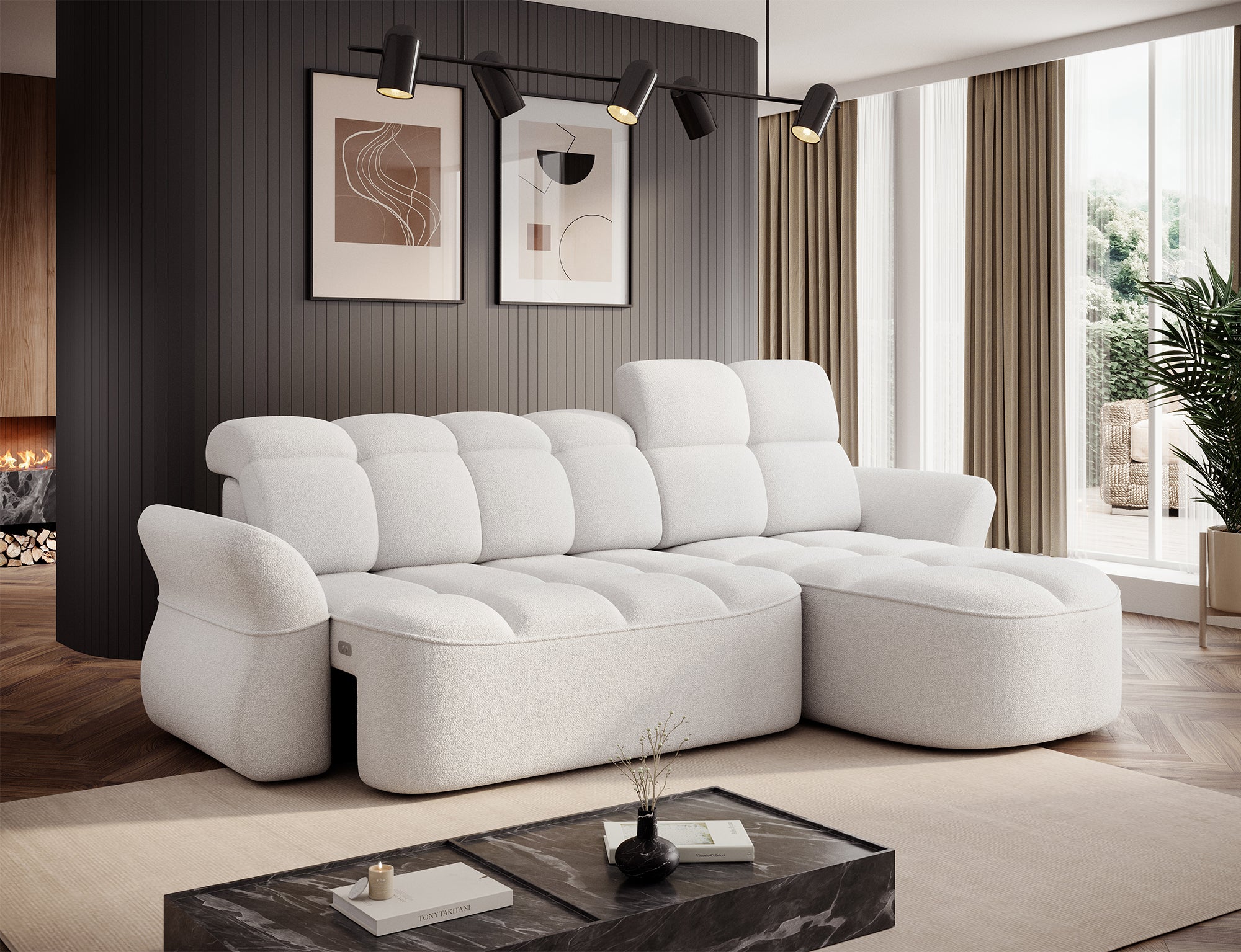 Canapé d'angle convertible électrique design DROUOT avec coffre de rangement - Boucle blanc cassé - vue 6