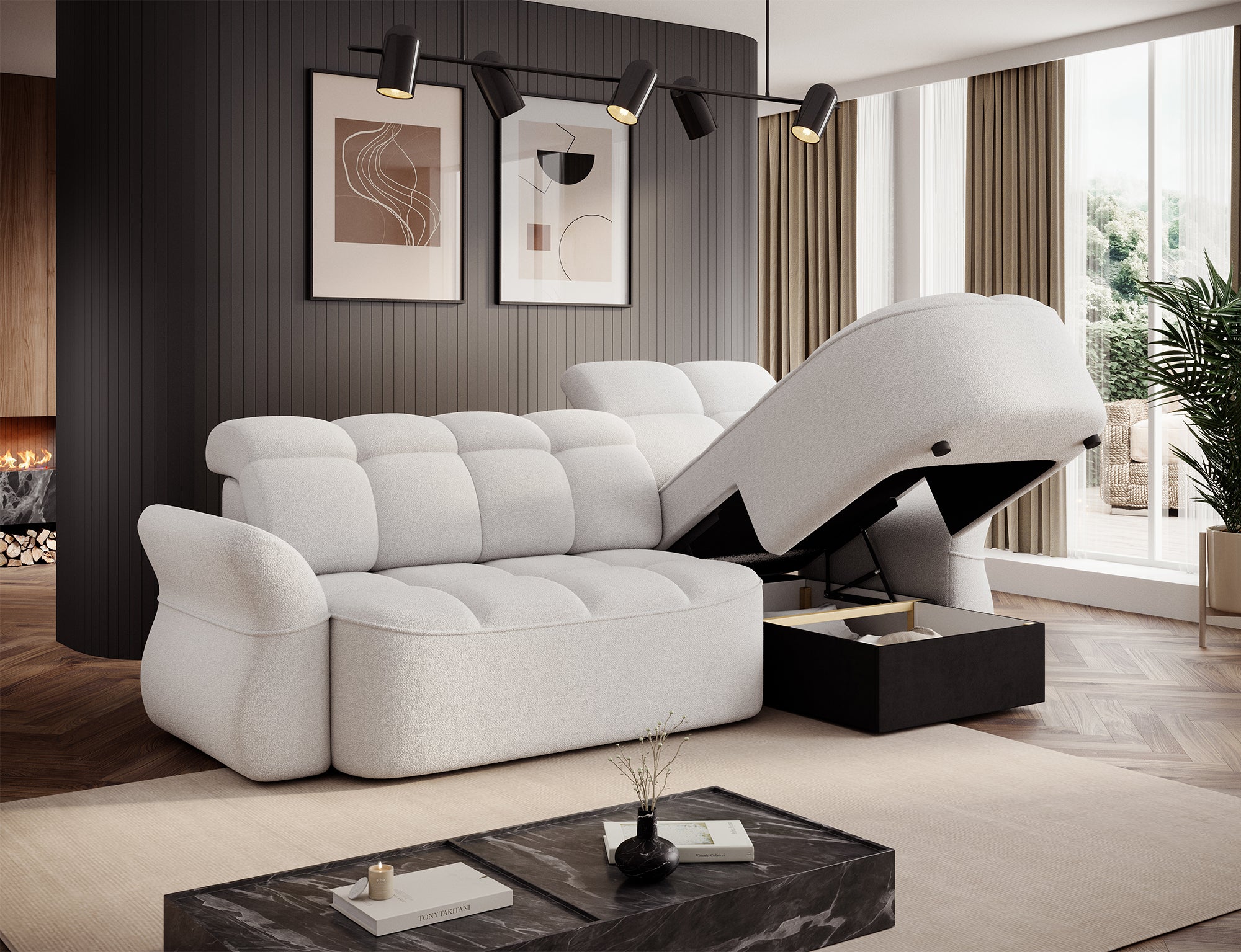 Canapé d'angle convertible électrique design DROUOT avec coffre de rangement - Boucle blanc cassé - vue 9