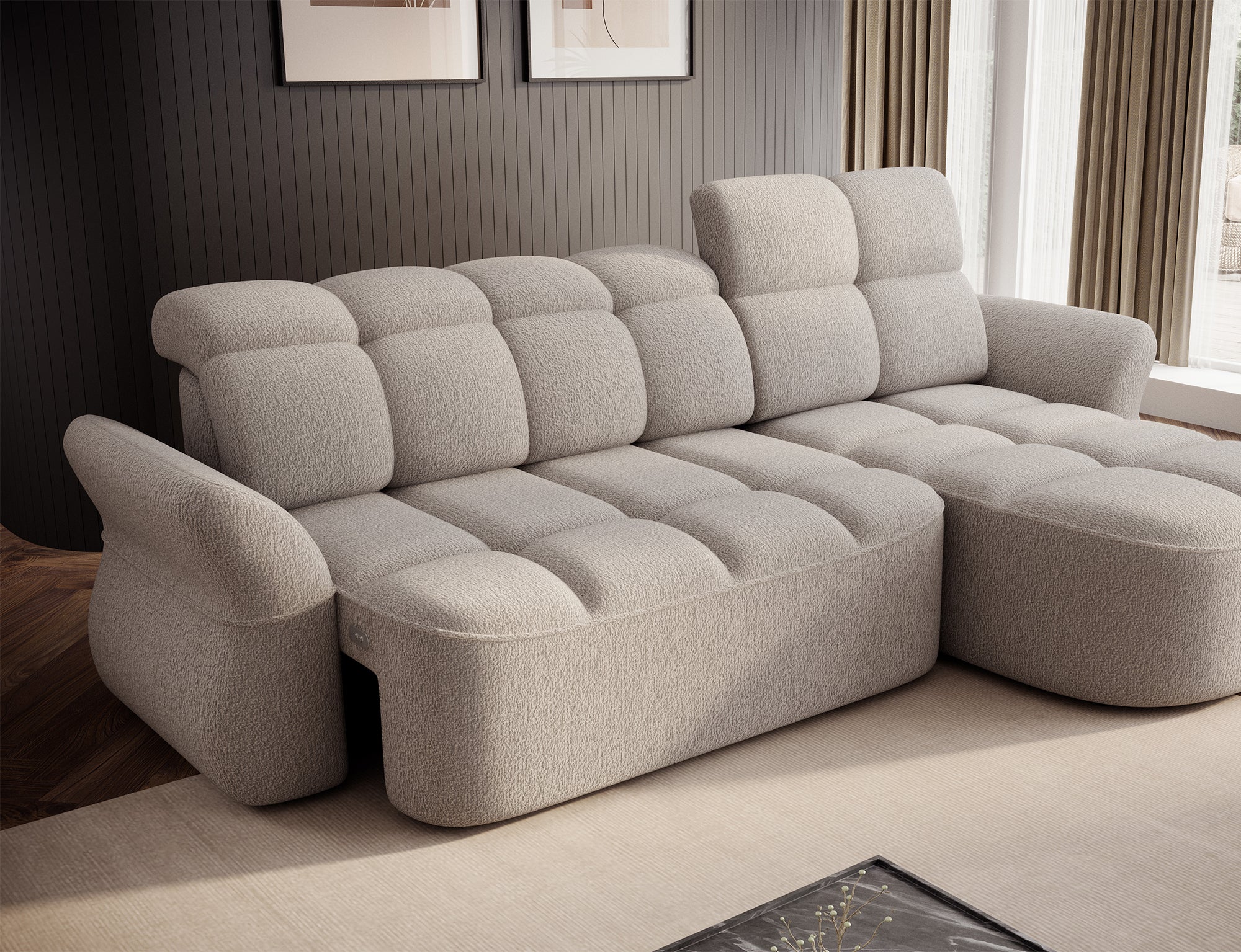 Canapé d'angle convertible design DROUOT avec coffre de rangement - Bouclette chinée beige - vue 11