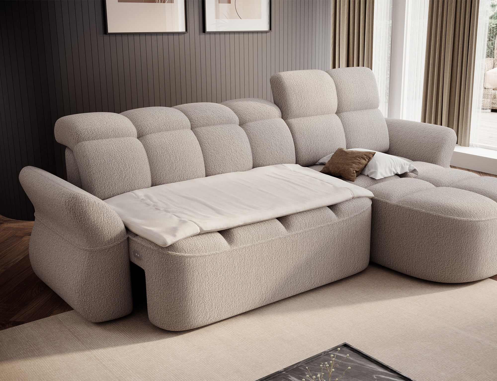 Canapé d'angle convertible design DROUOT avec coffre de rangement - Bouclette chinée beige - vue 2