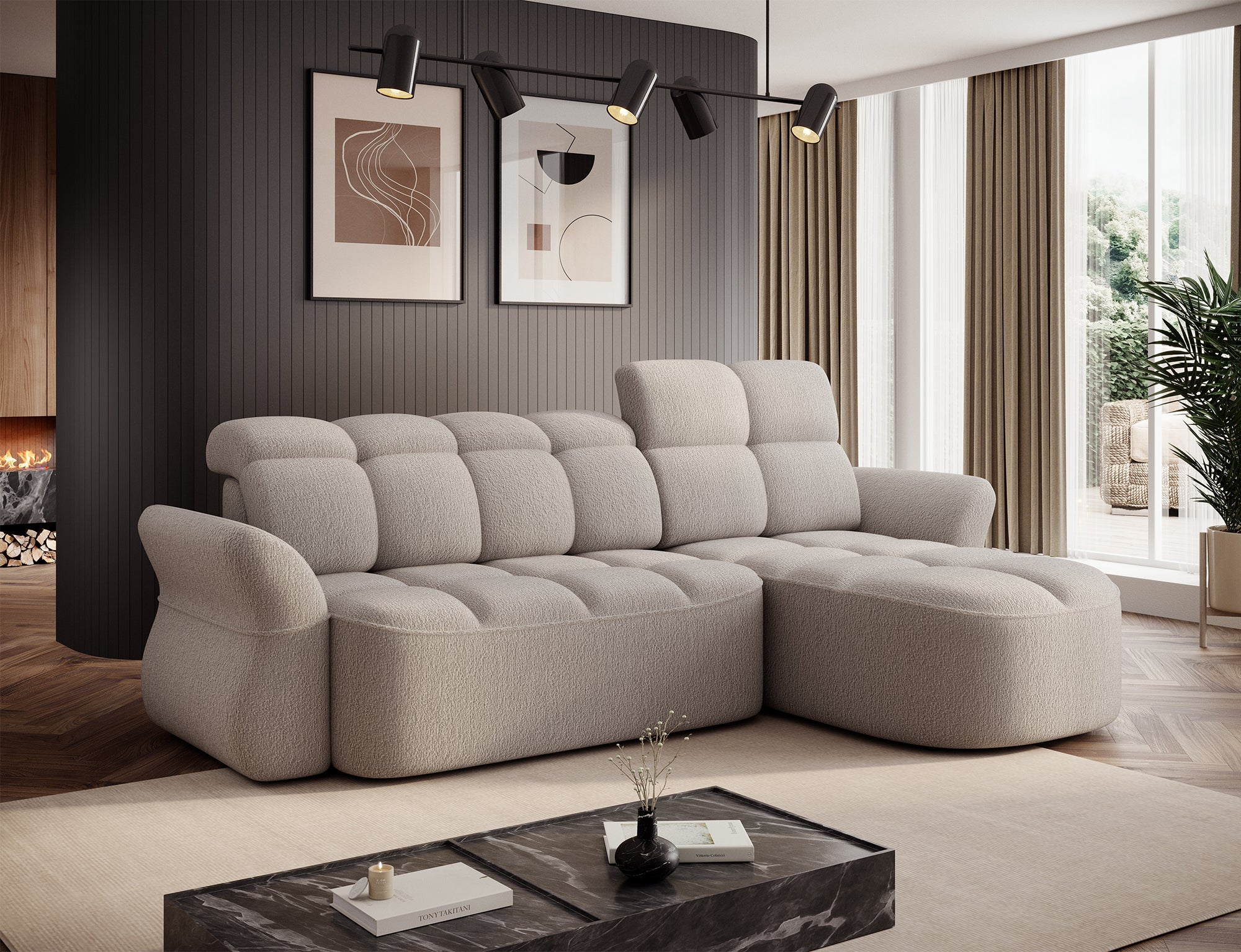 Canapé d'angle convertible design DROUOT avec coffre de rangement - Bouclette chinée beige - vue 3