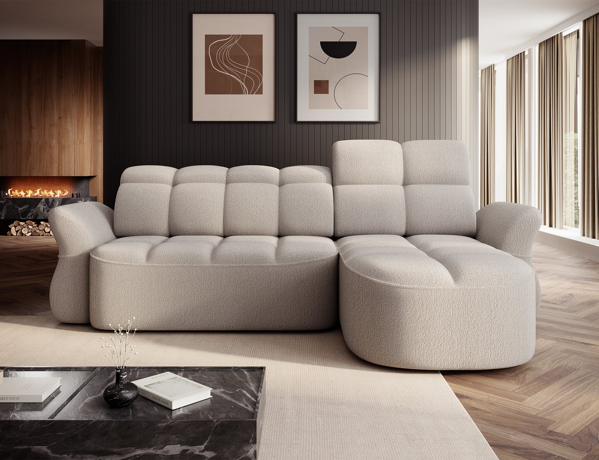 Canapé d'angle convertible design DROUOT avec coffre de rangement - Bouclette chinée beige - vue 4