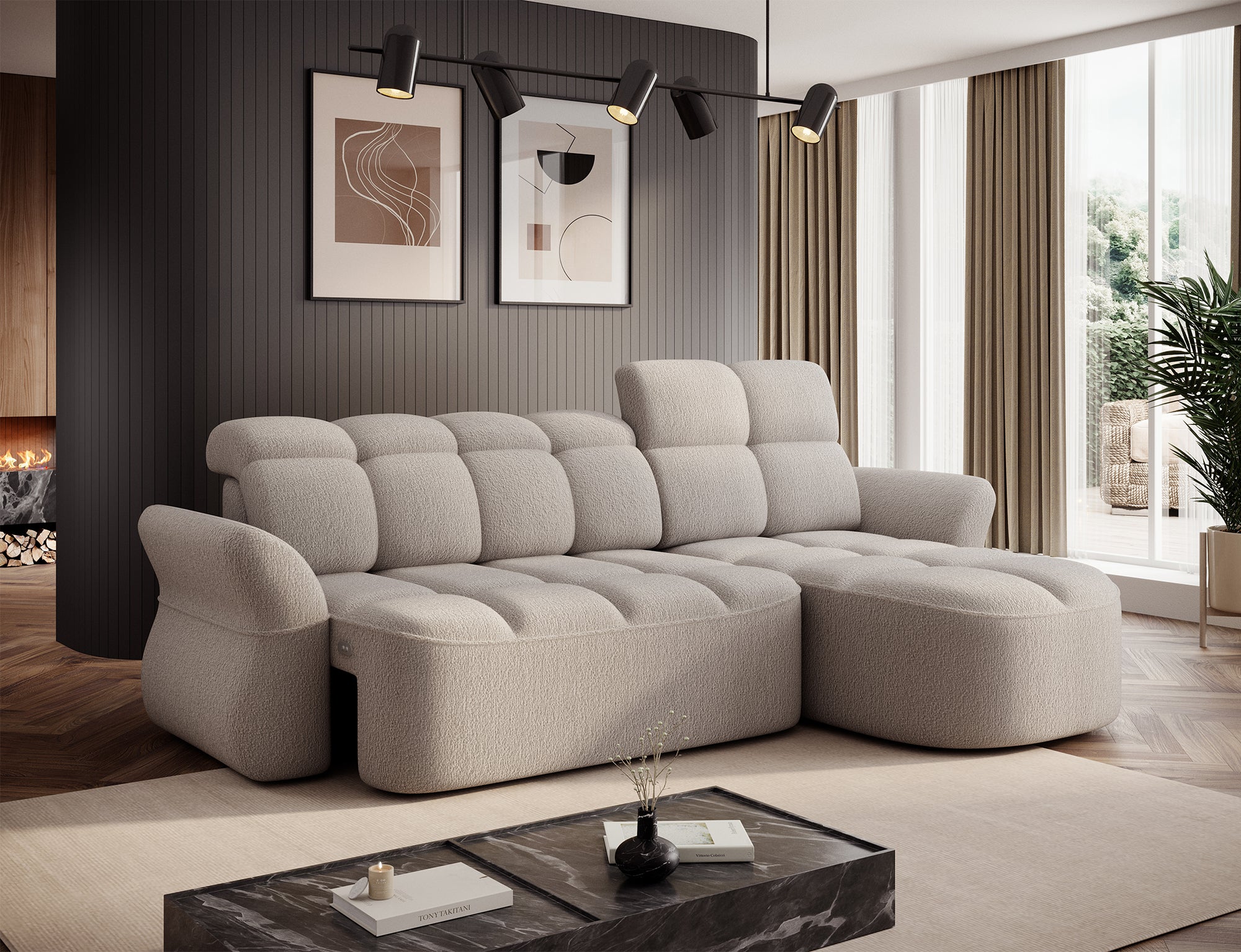 Canapé d'angle convertible design DROUOT avec coffre de rangement - Bouclette chinée beige - vue 6