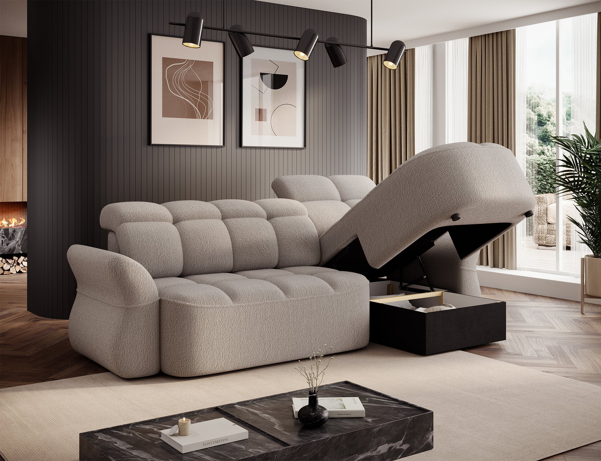 Canapé d'angle convertible design DROUOT avec coffre de rangement - Bouclette chinée beige - vue 9