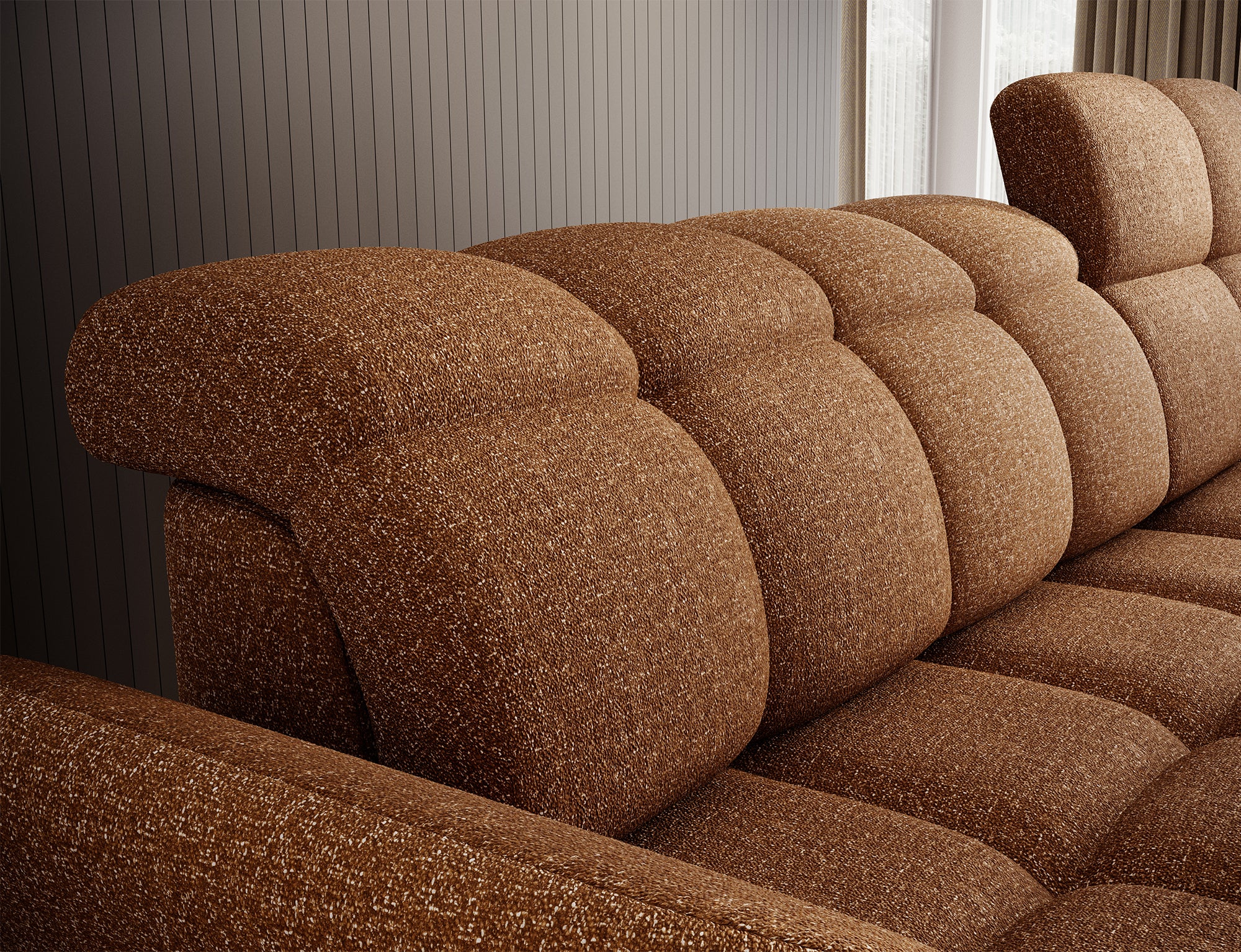 Canapé d'angle convertible design DROUOT avec coffre de rangement - Tissu chiné cognac - vue 10