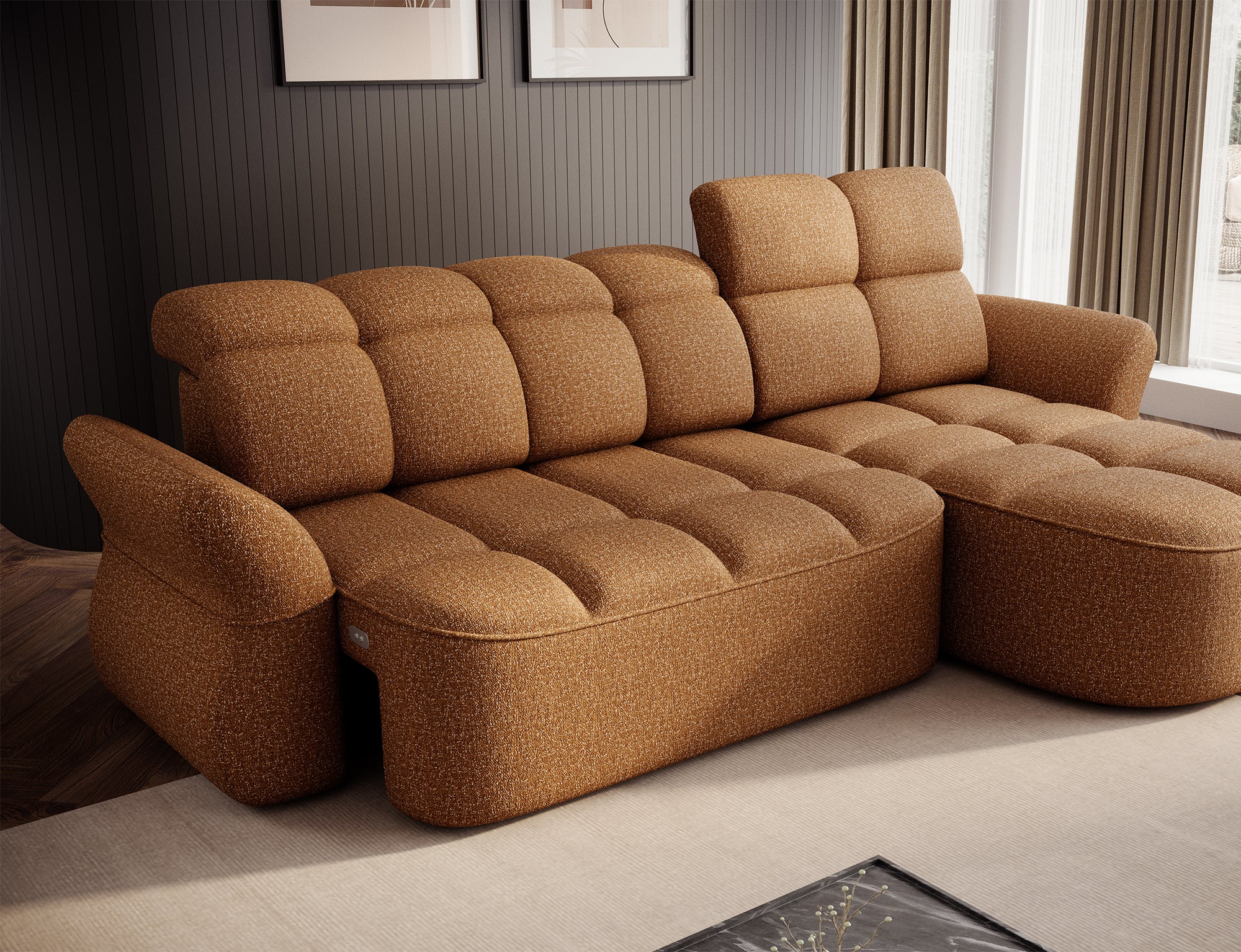 Canapé d'angle convertible design DROUOT avec coffre de rangement - Tissu chiné cognac - vue 11