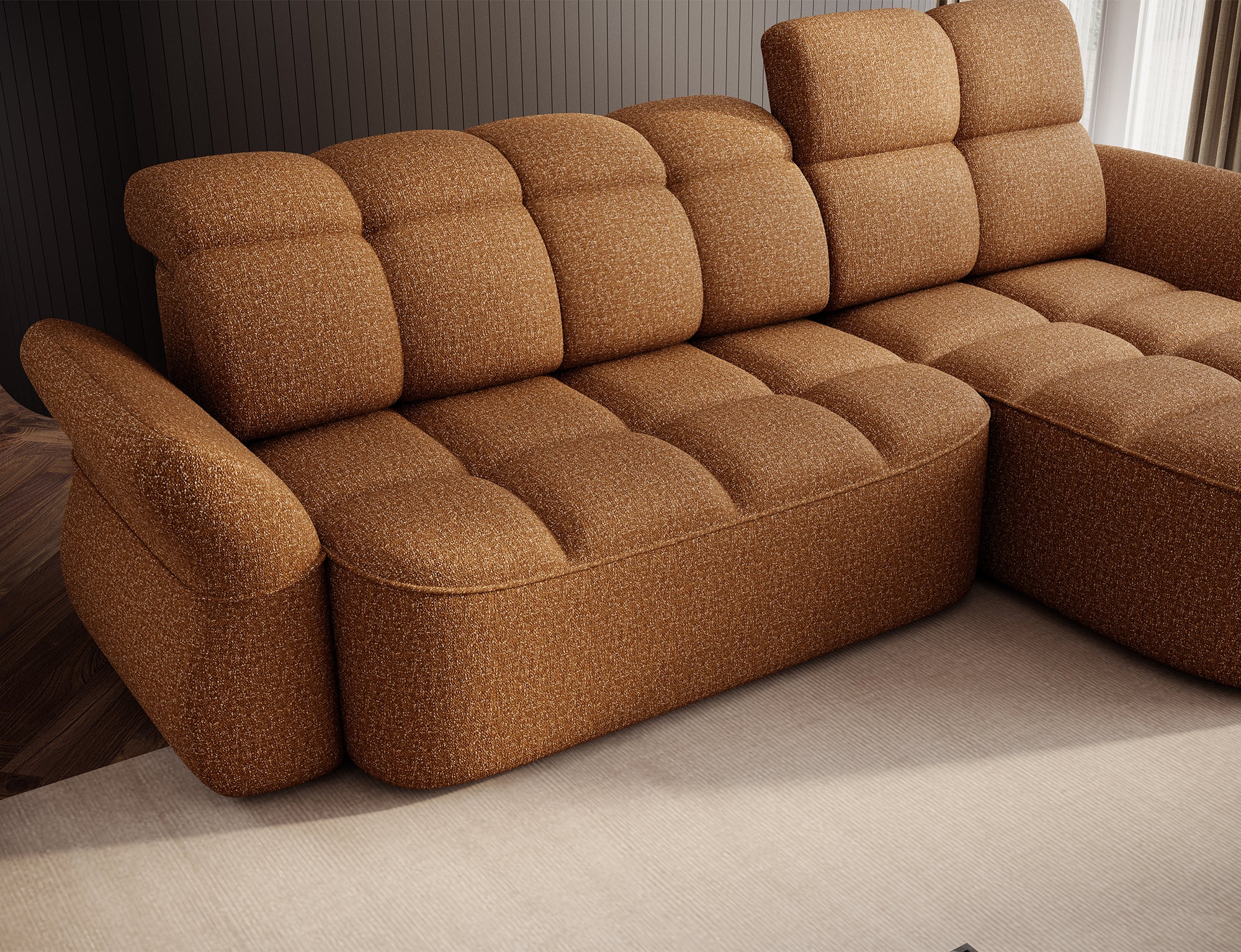 Canapé d'angle convertible design DROUOT avec coffre de rangement - Tissu chiné cognac - vue 12