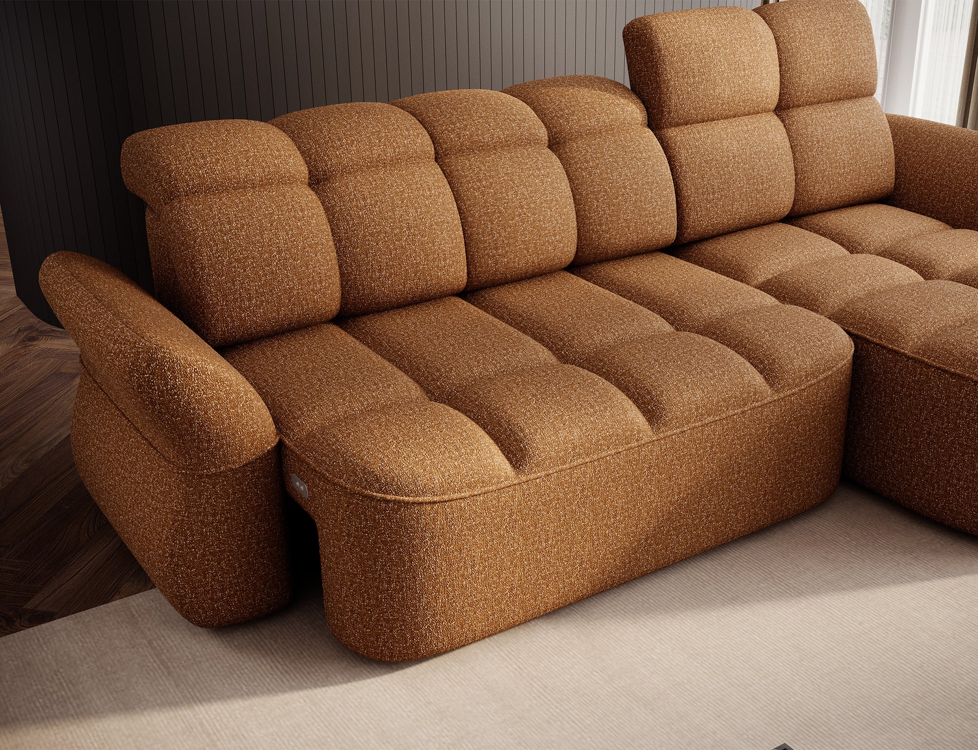 Canapé d'angle convertible design DROUOT avec coffre de rangement - Tissu chiné cognac - vue 13