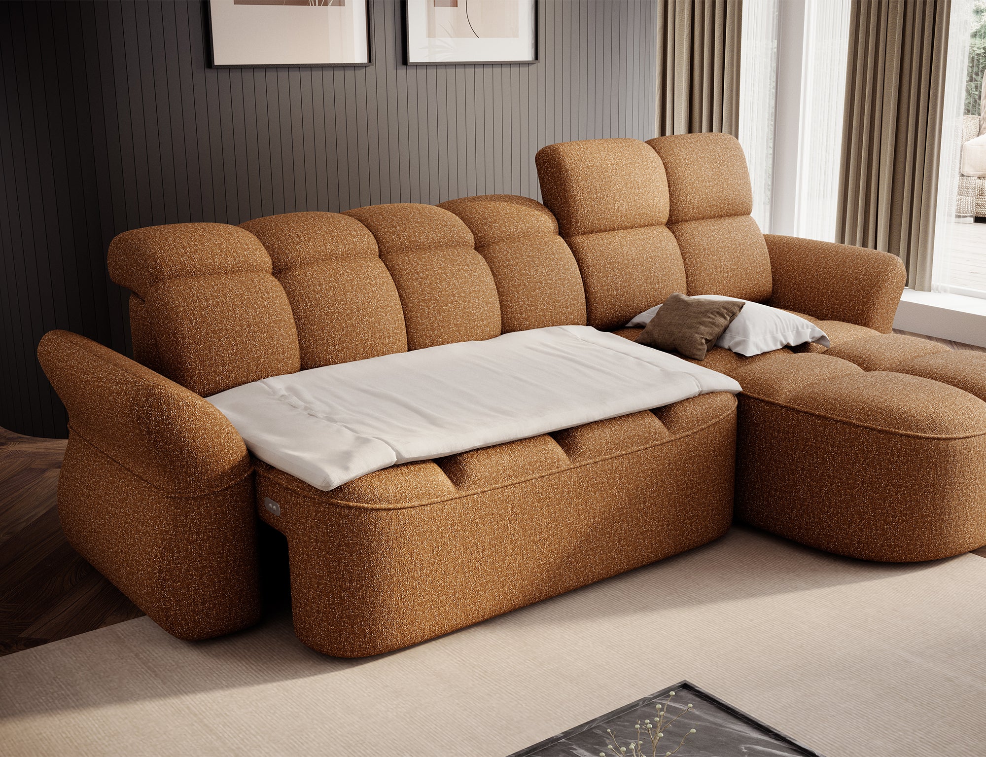 Canapé d'angle convertible design DROUOT avec coffre de rangement - Tissu chiné cognac - vue 2