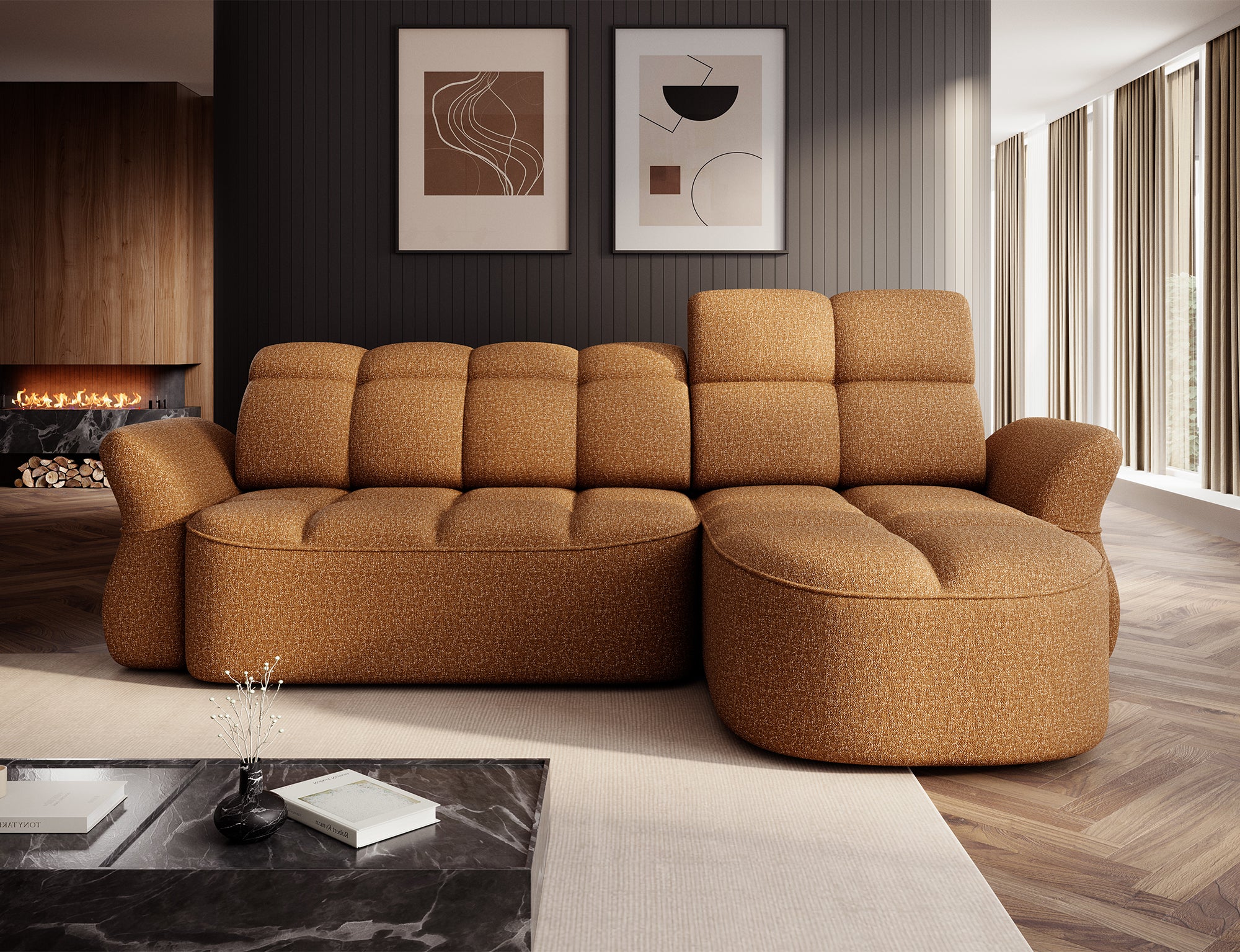 Canapé d'angle convertible design DROUOT avec coffre de rangement - Tissu chiné cognac - vue 4
