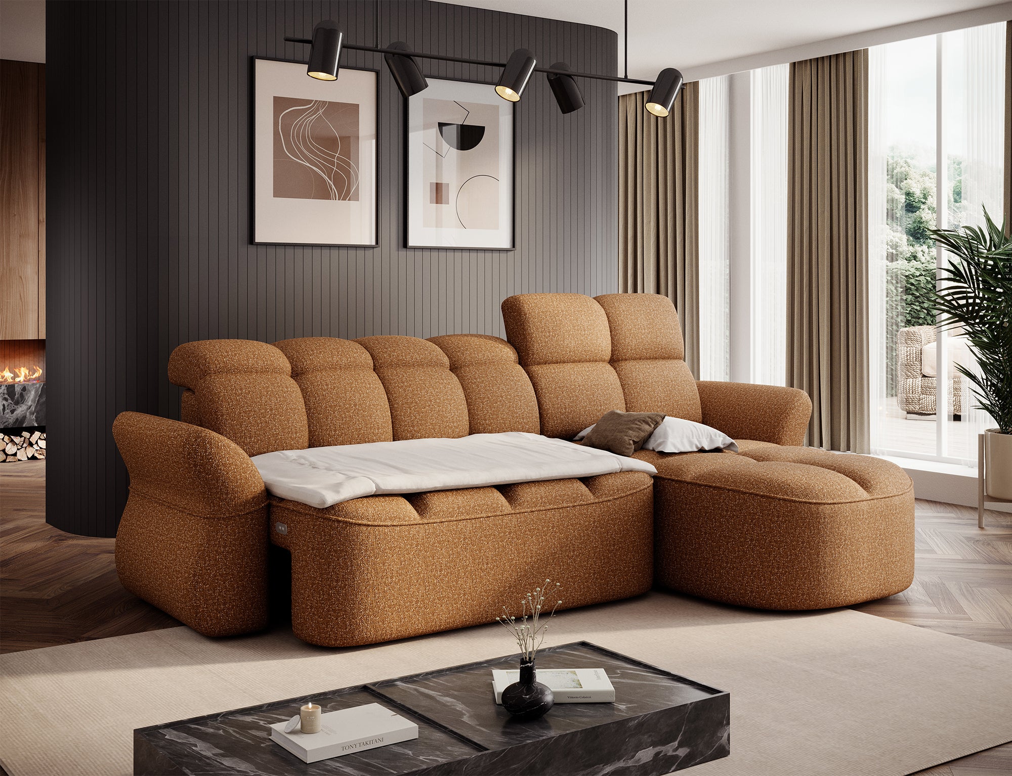 Canapé d'angle convertible design DROUOT avec coffre de rangement - Tissu chiné cognac - vue 7