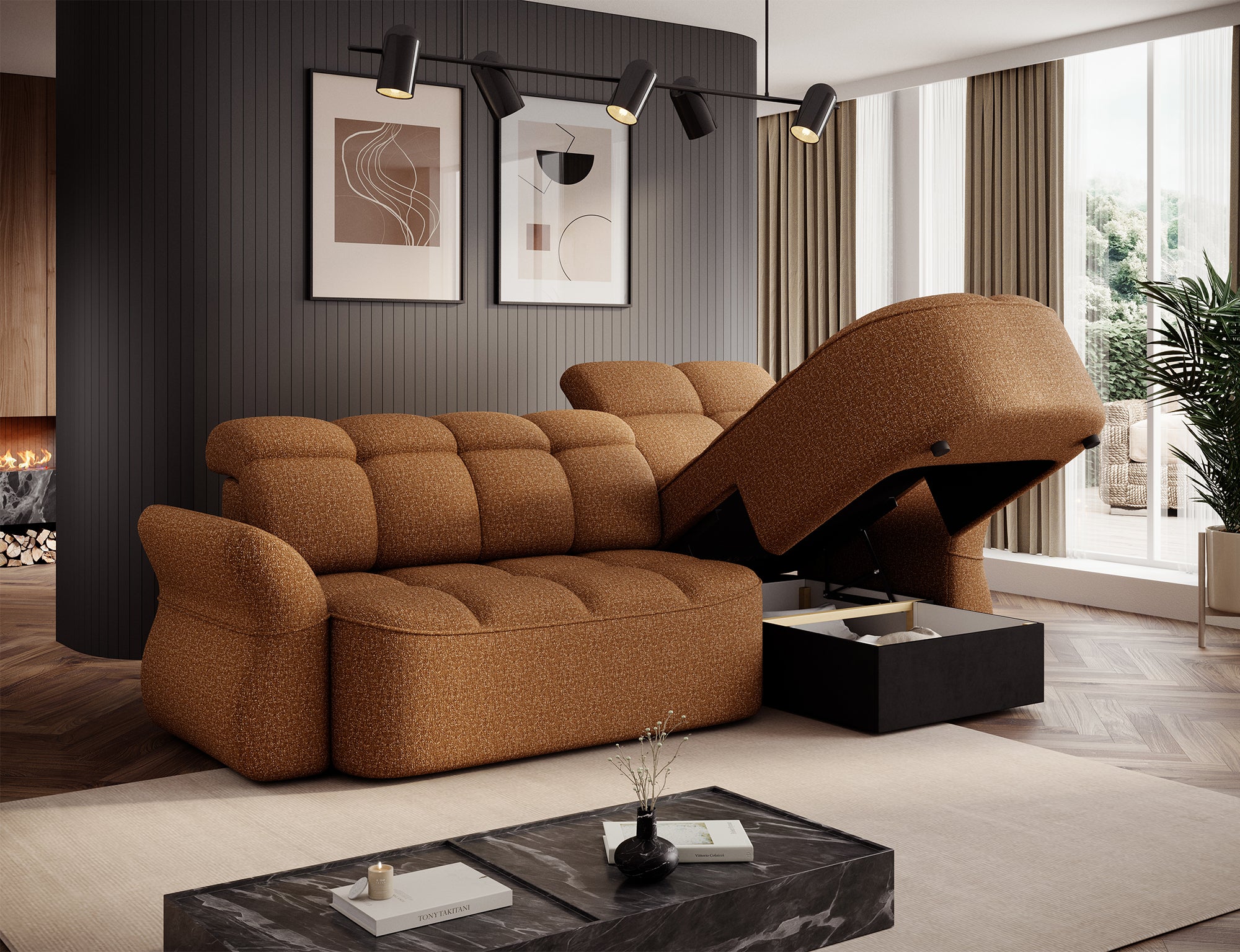 Canapé d'angle convertible design DROUOT avec coffre de rangement - Tissu chiné cognac - vue 9
