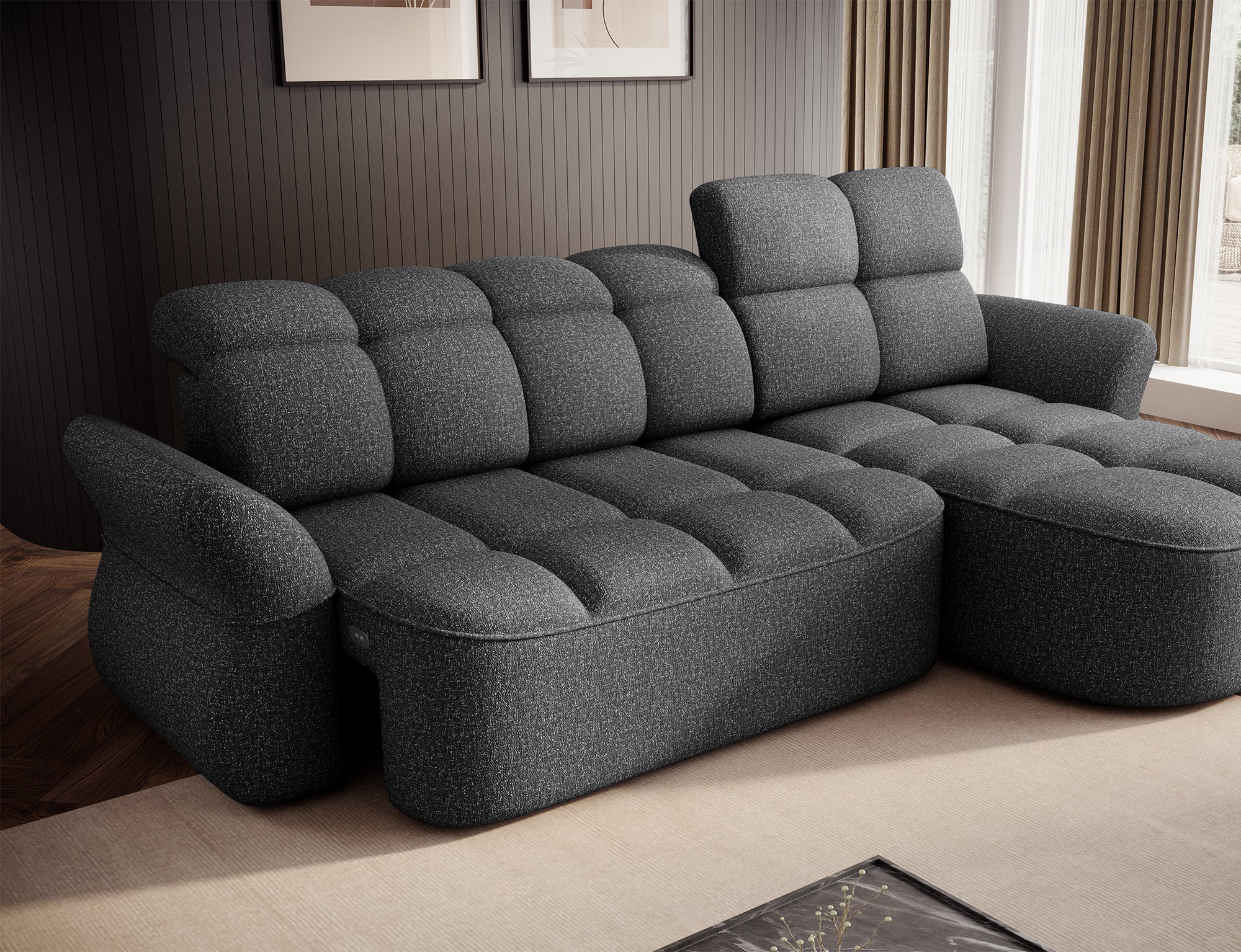 Canapé d'angle convertible design DROUOT avec coffre de rangement - Tissu chiné gris foncé - vue 11