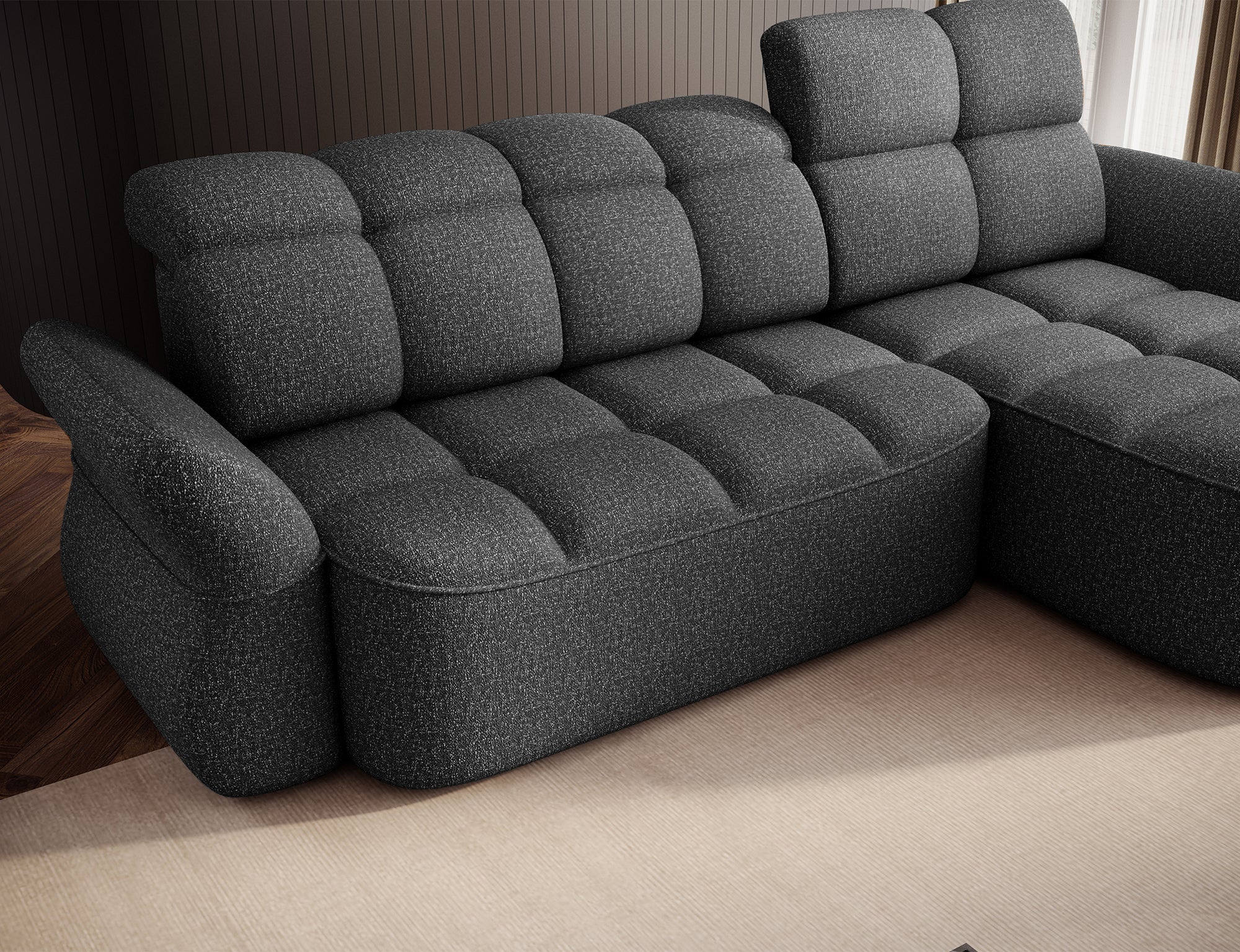 Canapé d'angle convertible design DROUOT avec coffre de rangement - Tissu chiné gris foncé - vue 12