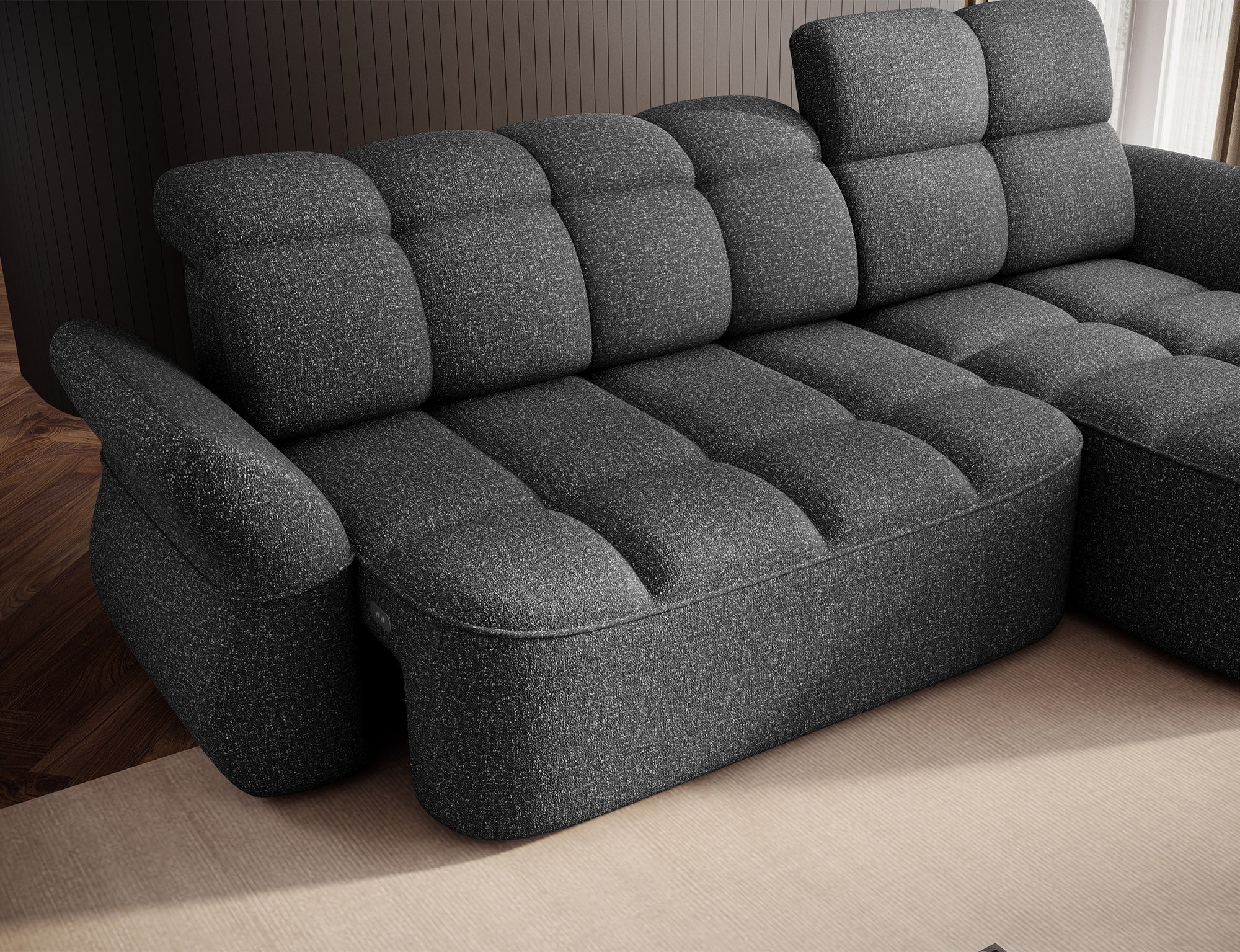 Canapé d'angle convertible design DROUOT avec coffre de rangement - Tissu chiné gris foncé - vue 13