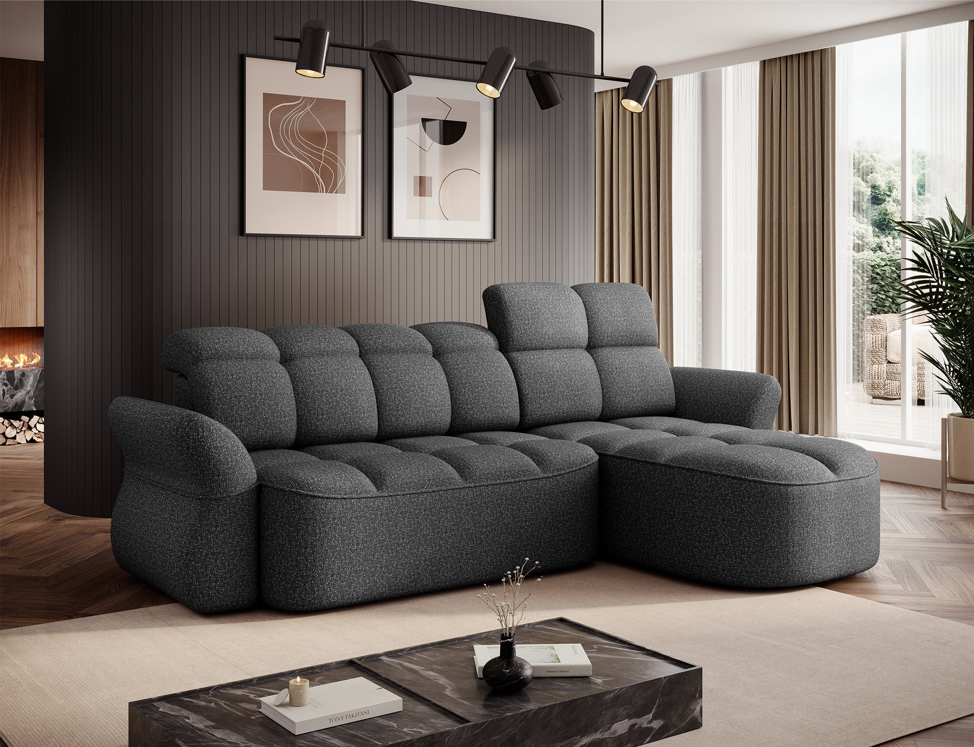 Canapé d'angle convertible design DROUOT avec coffre de rangement - Tissu chiné gris foncé - vue 3