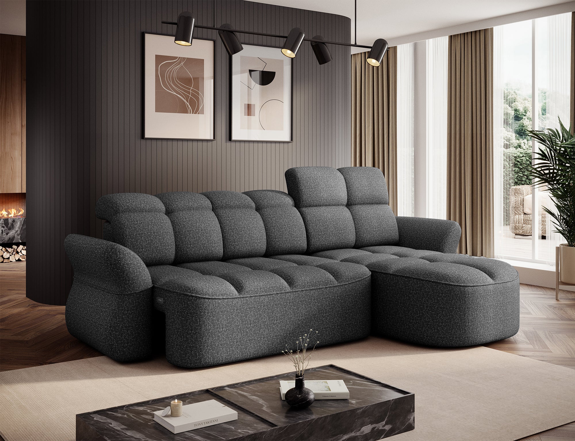Canapé d'angle convertible design DROUOT avec coffre de rangement - Tissu chiné gris foncé - vue 6