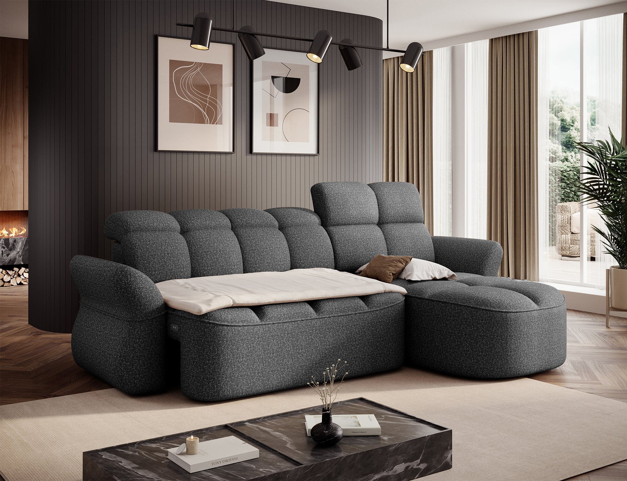 Canapé d'angle convertible design DROUOT avec coffre de rangement - Tissu chiné gris foncé - vue 7
