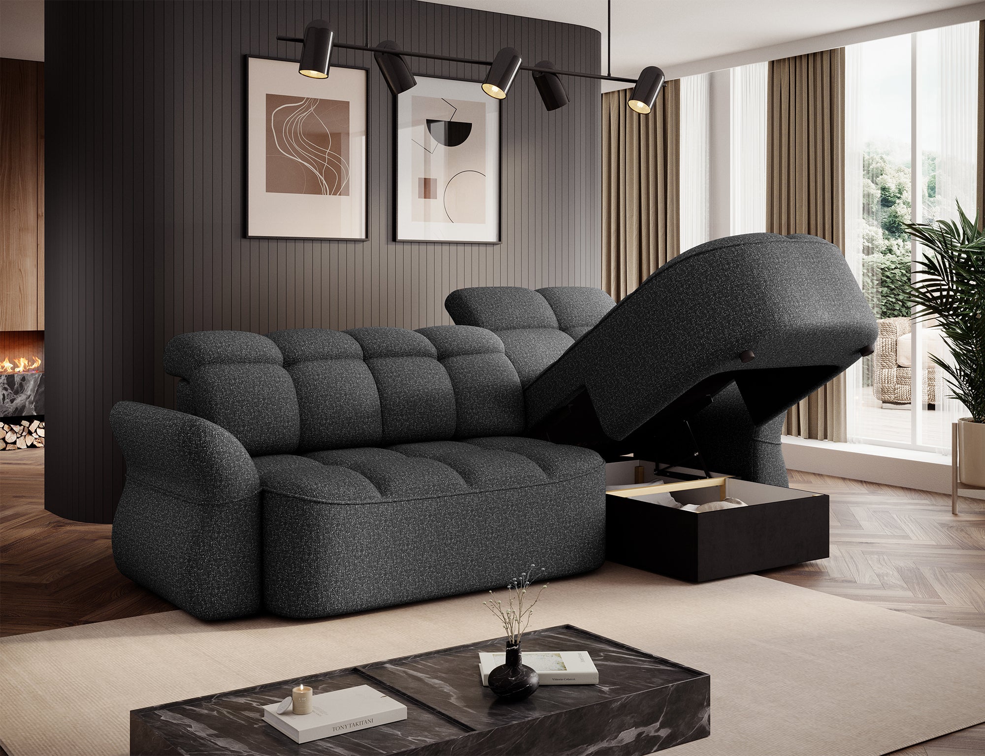 Canapé d'angle convertible design DROUOT avec coffre de rangement - Tissu chiné gris foncé - vue 9