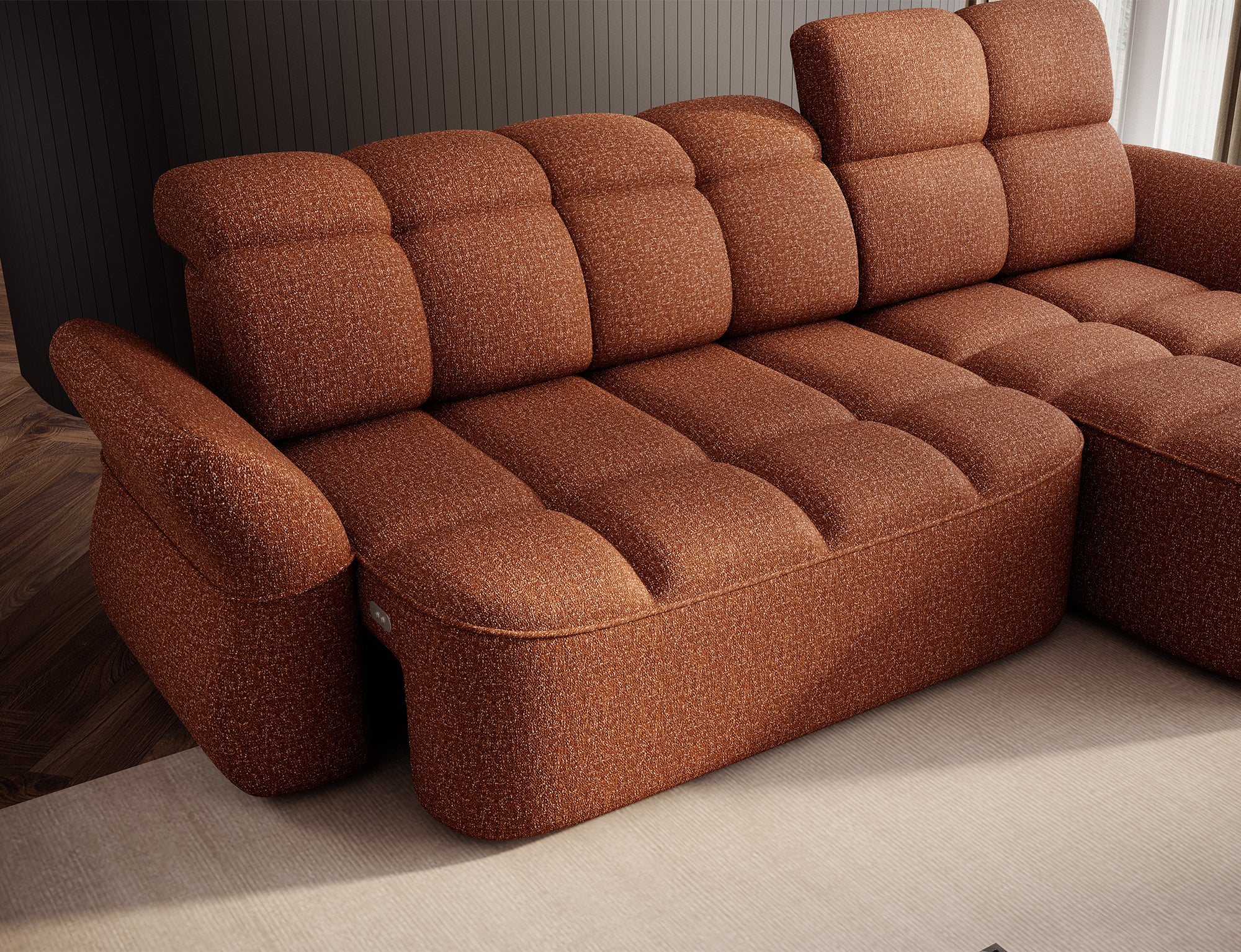 Canapé d'angle convertible design DROUOT avec coffre de rangement - Tissu chiné terracotta - vue 13