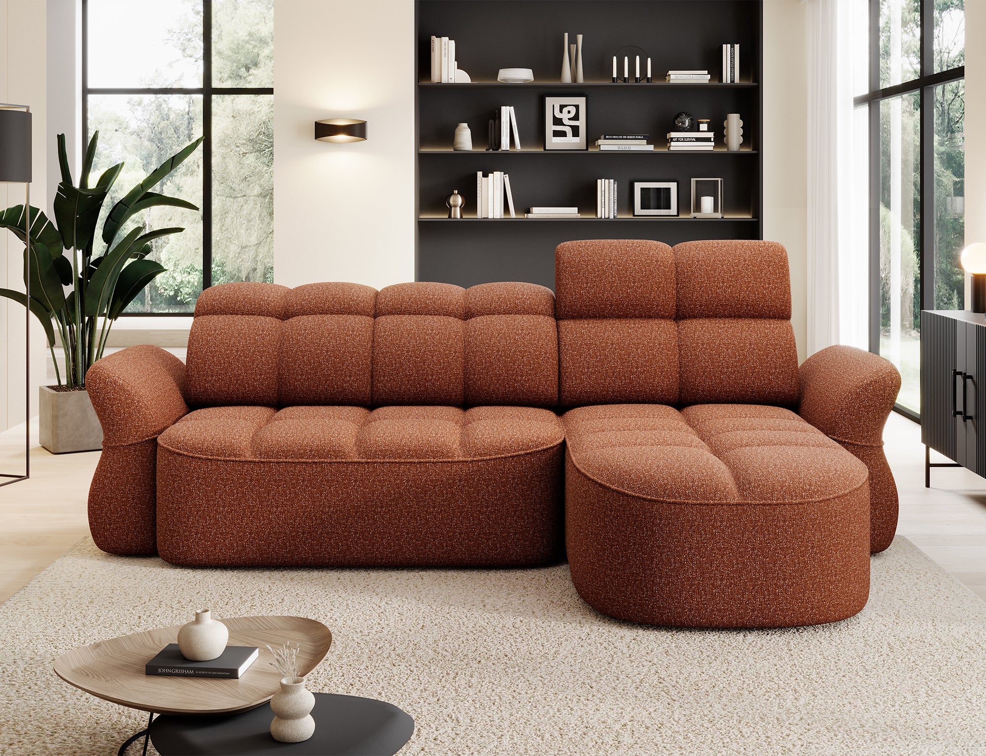 Canapé d'angle convertible design DROUOT avec coffre de rangement - Tissu chiné terracotta - vue 14
