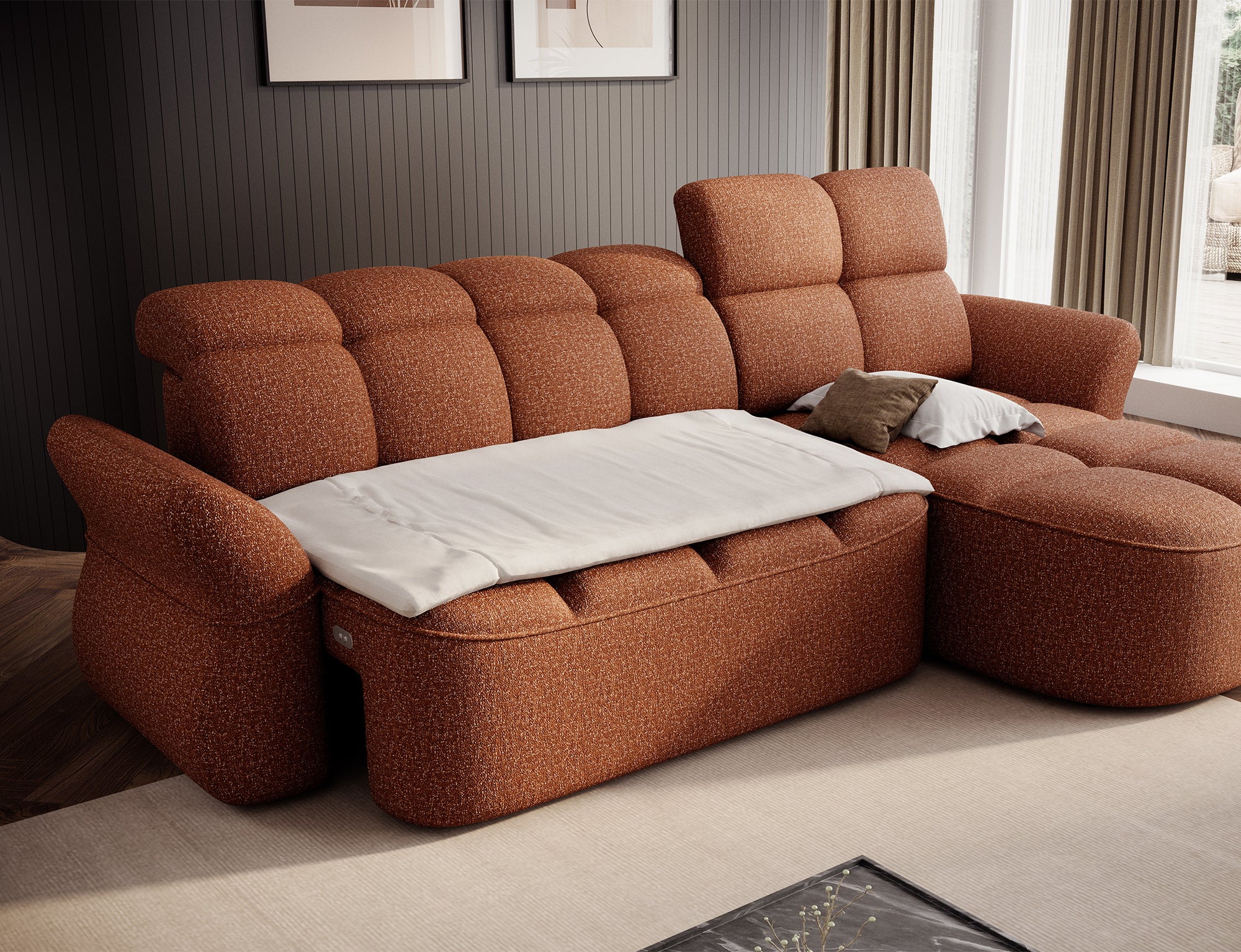 Canapé d'angle convertible design DROUOT avec coffre de rangement - Tissu chiné terracotta - vue 2