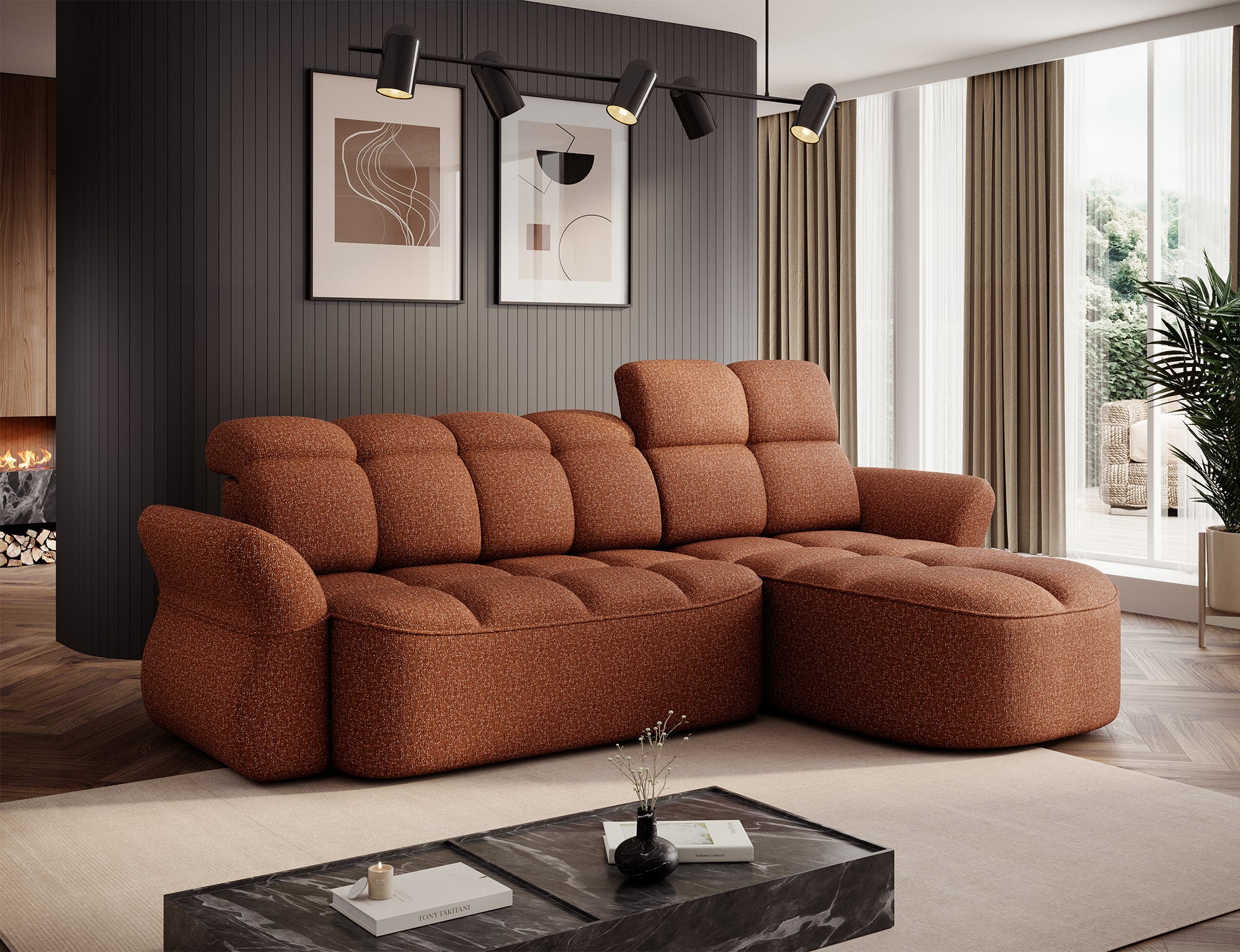 Canapé d'angle convertible design DROUOT avec coffre de rangement - Tissu chiné terracotta - vue 3