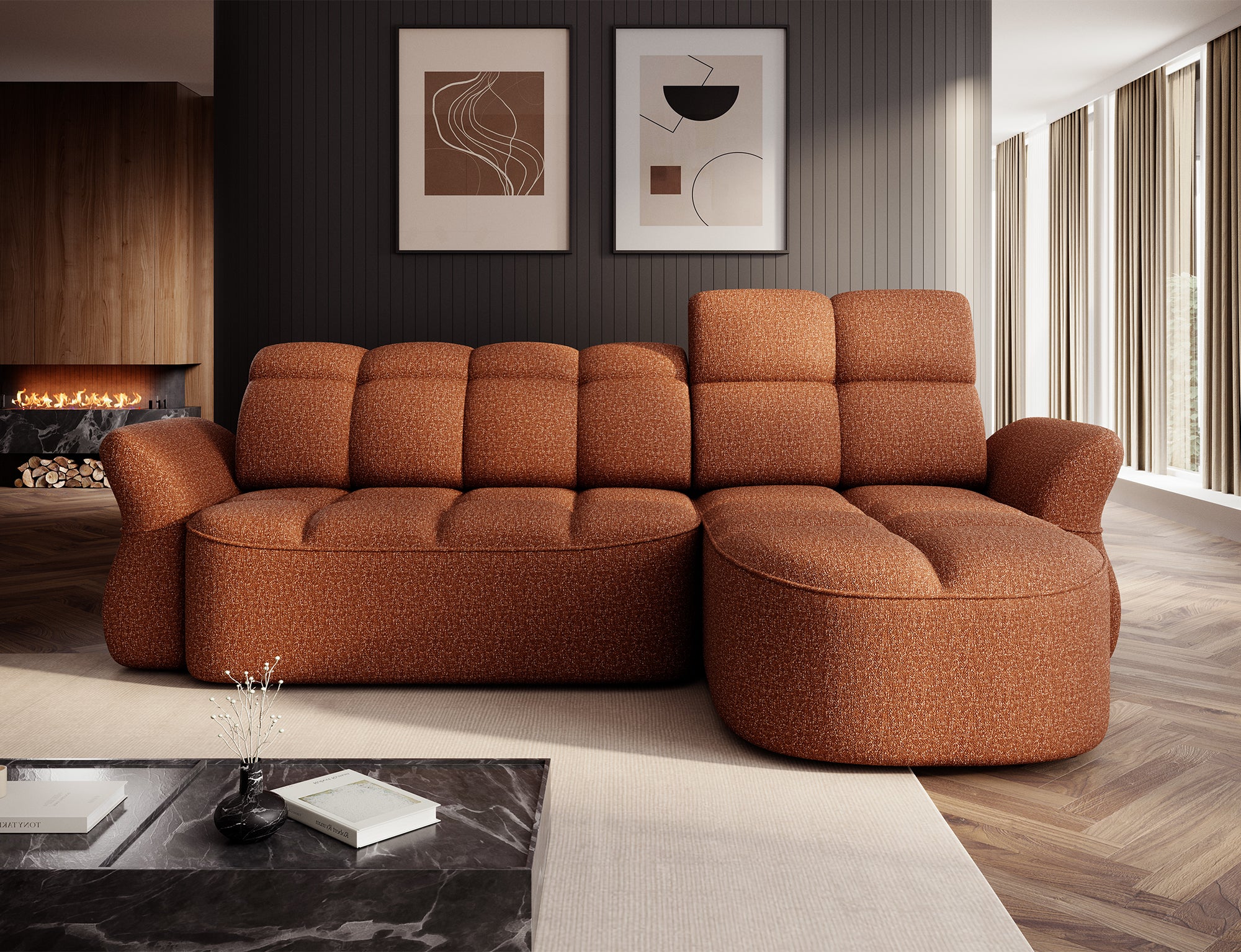 Canapé d'angle convertible design DROUOT avec coffre de rangement - Tissu chiné terracotta - vue 4